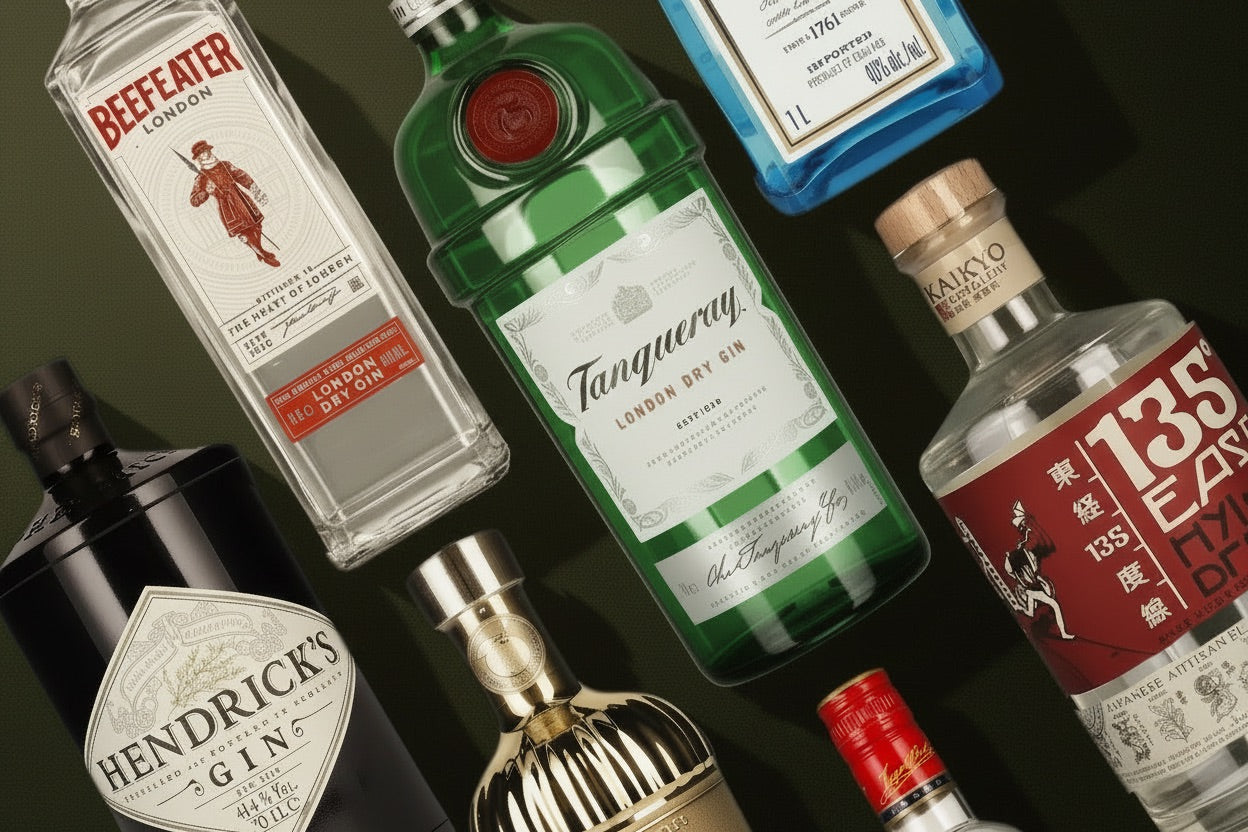 Fünf Gin- und Spirituosenflaschen auf hellblauem Hintergrund.