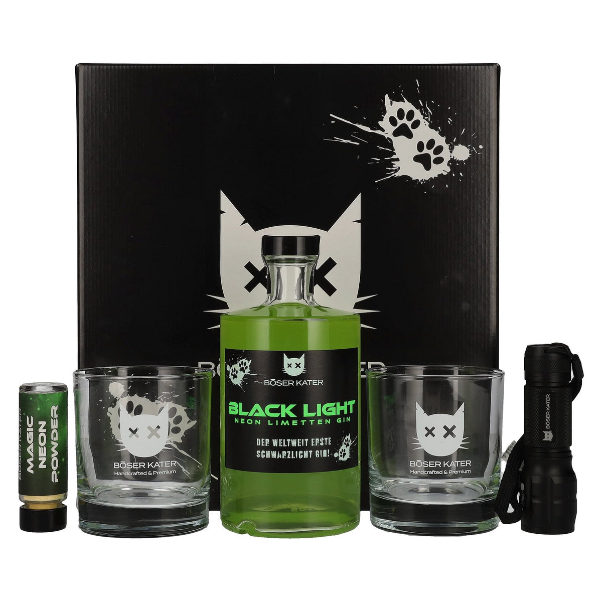 Böser Kater Black Light Neon Lime Gin 40% vol. 0.5 l in a gift box with a UV torch and glasses