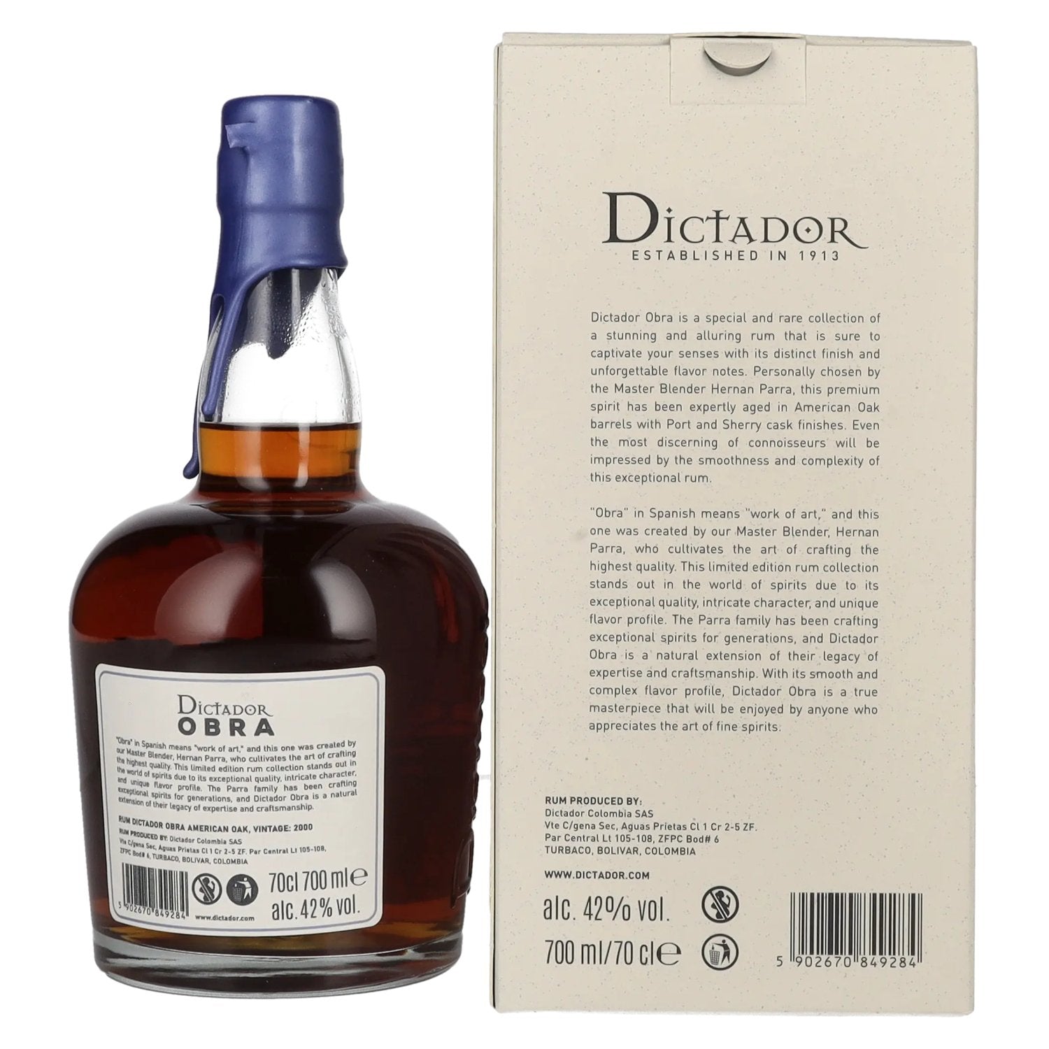 Dictador OBRA VINTAGE 23 Years Old AMERICAN OAK CASK Rum 2000 42% Vol. 0,7l in Geschenkbox