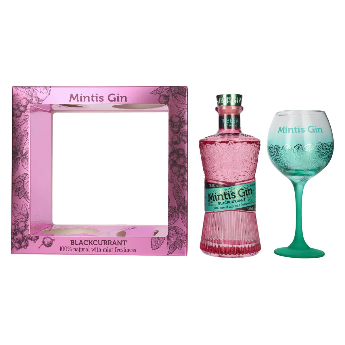 Mintis BLACKCURRANT Gin 41.8% ABV, 0.7l, in a gift box with a glass