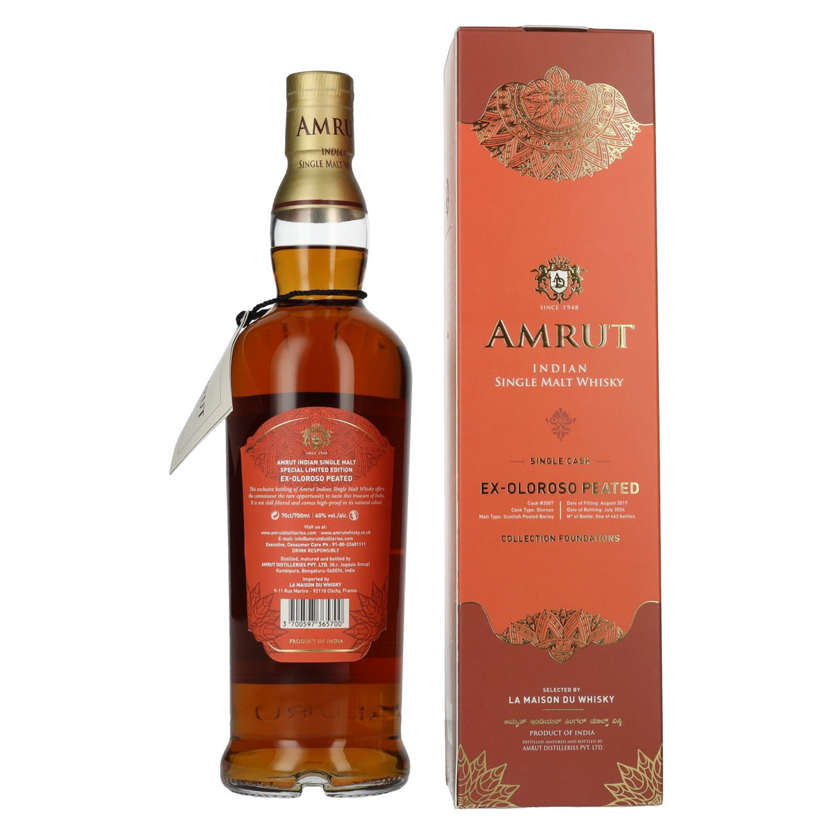 Amrut Ex-Oloroso Peated Indian Single Malt Whisky Collection Foundations 60% Vol. 0,7l in gift box