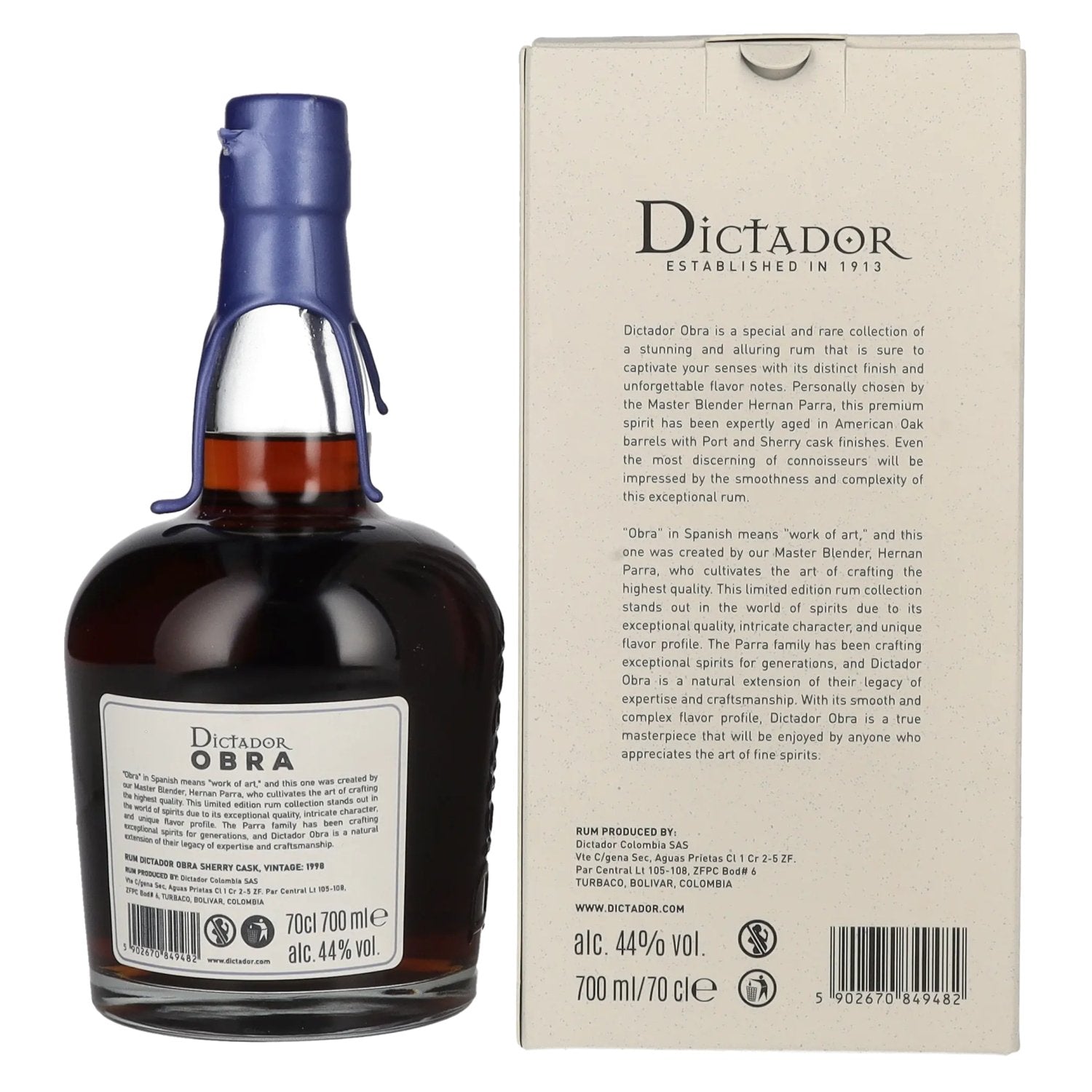 Dictador OBRA VINTAGE 25 Years Old SHERRY CASK Rum 1998 44% Vol. 0,7l en boîte cadeau