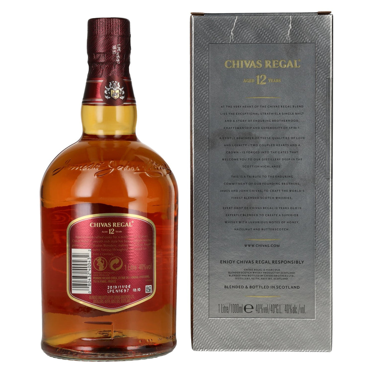 Chivas Regal 12-Year-Old Blended Scotch Whisky, 40% ABV, 1 litre, in a gift box