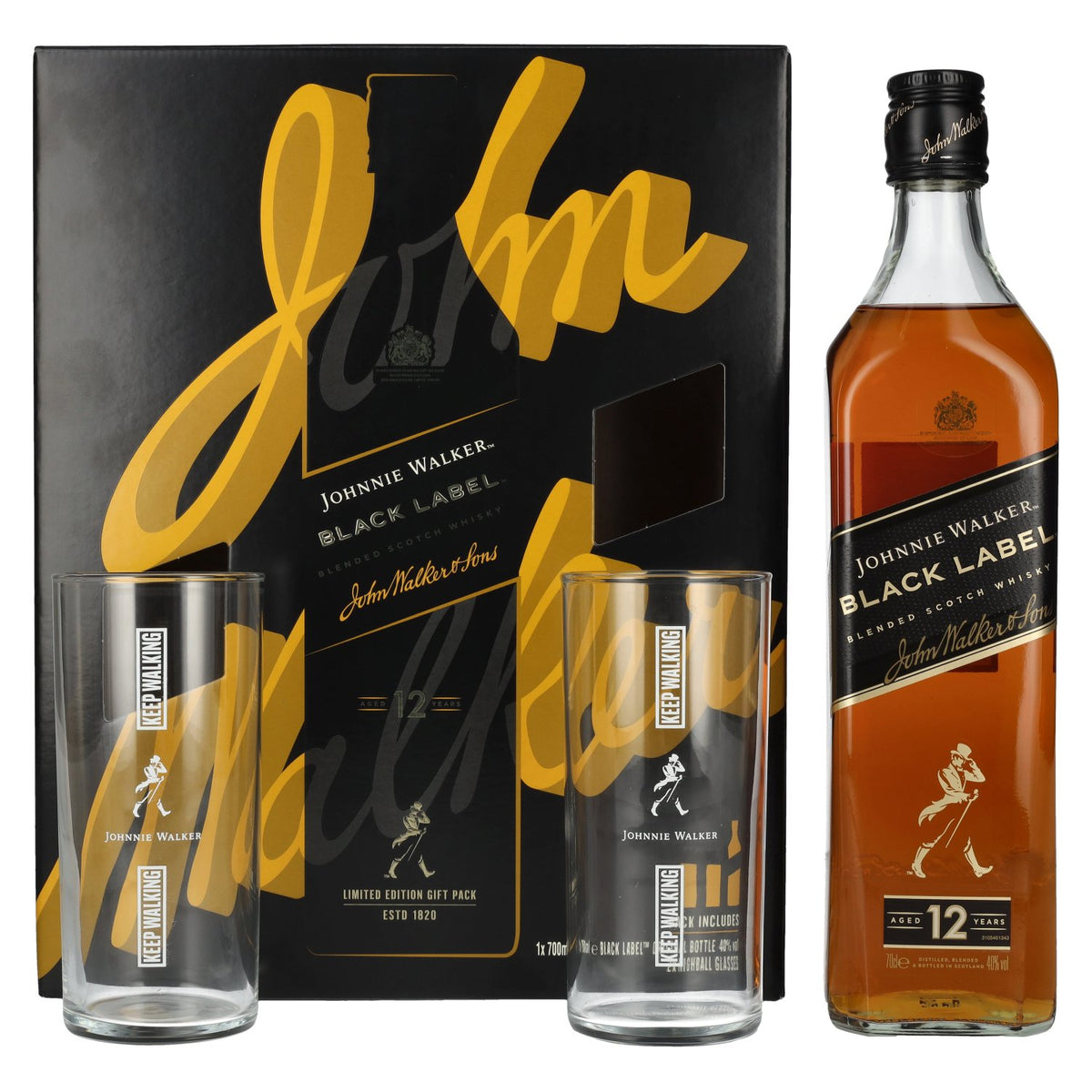 Johnnie Walker BLACK LABEL 12 Years Old Blended Scotch Whisky 40% Vol. 0,7l en coffret cadeau avec 2 verres à whisky highball