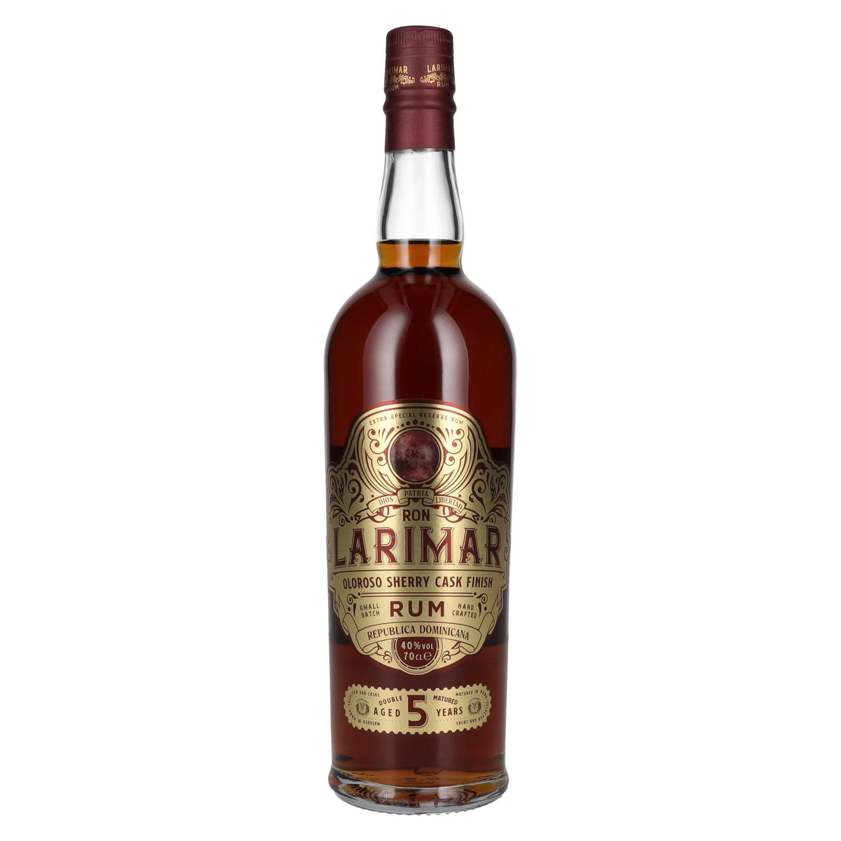 Ron Larimar 5 ans d'âge, rhum en petite cuvée, finition en fût de sherry Oloroso, 40 % vol., 0,7 l
