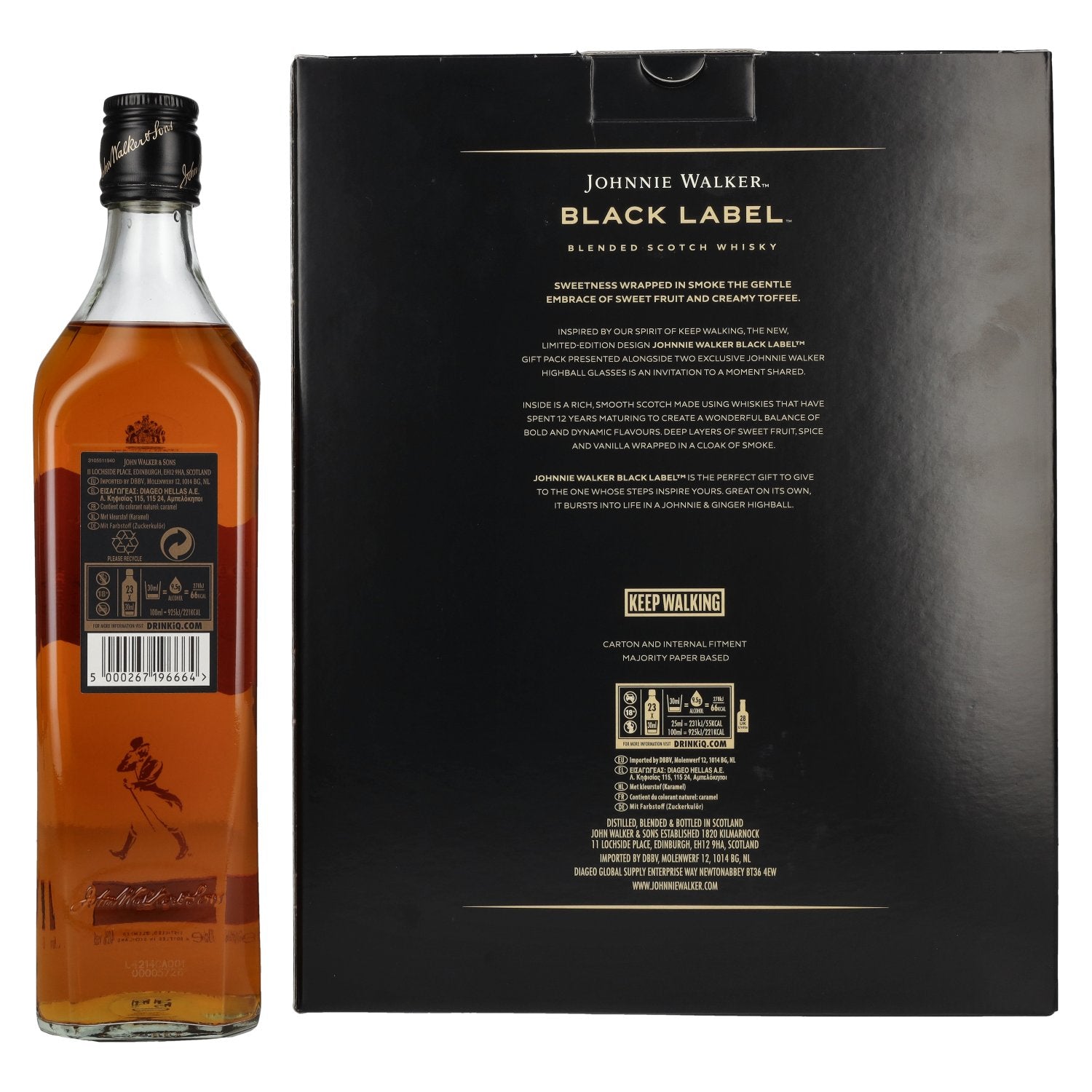 Johnnie Walker BLACK LABEL 12 Years Old Blended Scotch Whisky 40% Vol. 0,7l in Geschenkbox mit 2 Highballgläsern