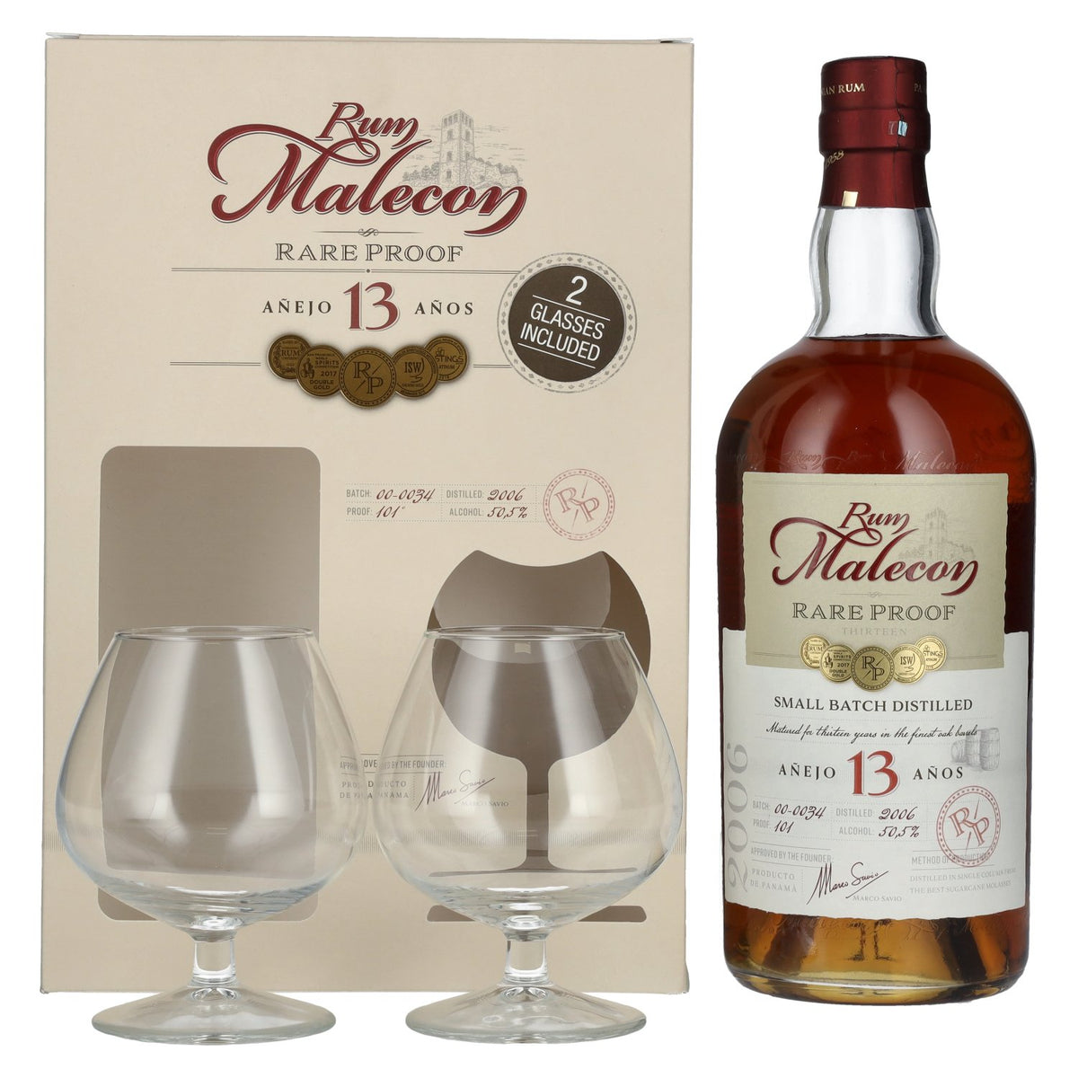 Rum Malecon Añejo 13 Años RARE PROOF 2006 50,5% Vol. 0,7l in gift box with 2 glasses