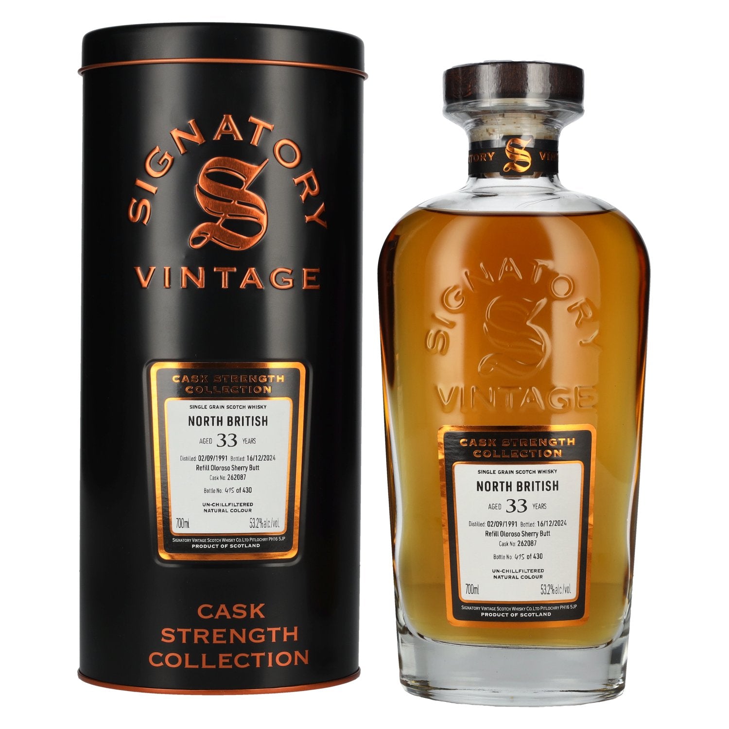 Signatory Vintage NORTH BRITISH 33 Years Old Refill Oloroso Cask Strength #262087 1991 53,2% Vol. 0,7l en Tinbox