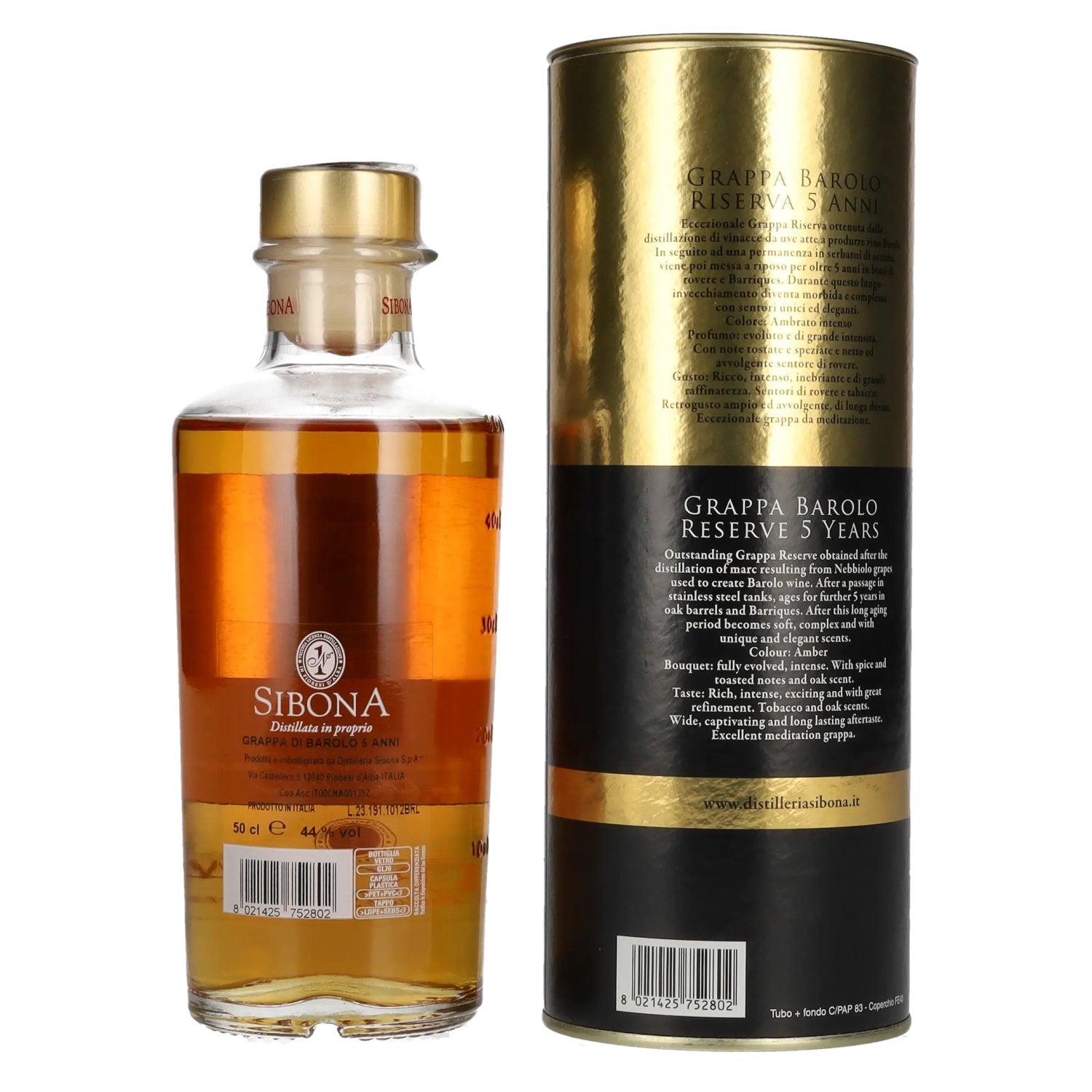 Sibona 5 Anni Invecchiata Grappa di BAROLO 44% Vol. 0,5l in Geschenkbox