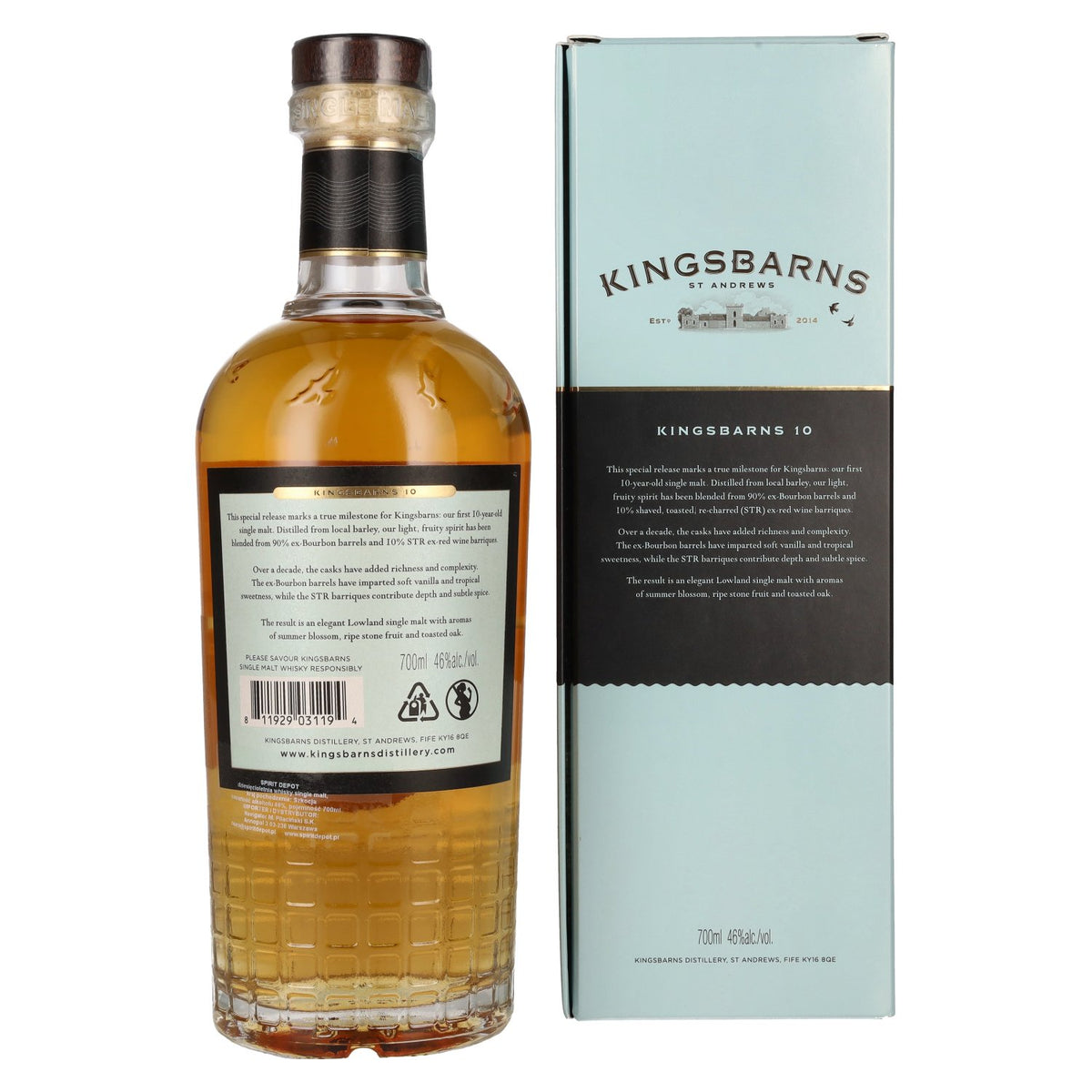 Kingsbarns 10 Years Old Lowland Single Malt Scotch Whisky Limited Release 46% Vol. 0,7l en coffret cadeau
