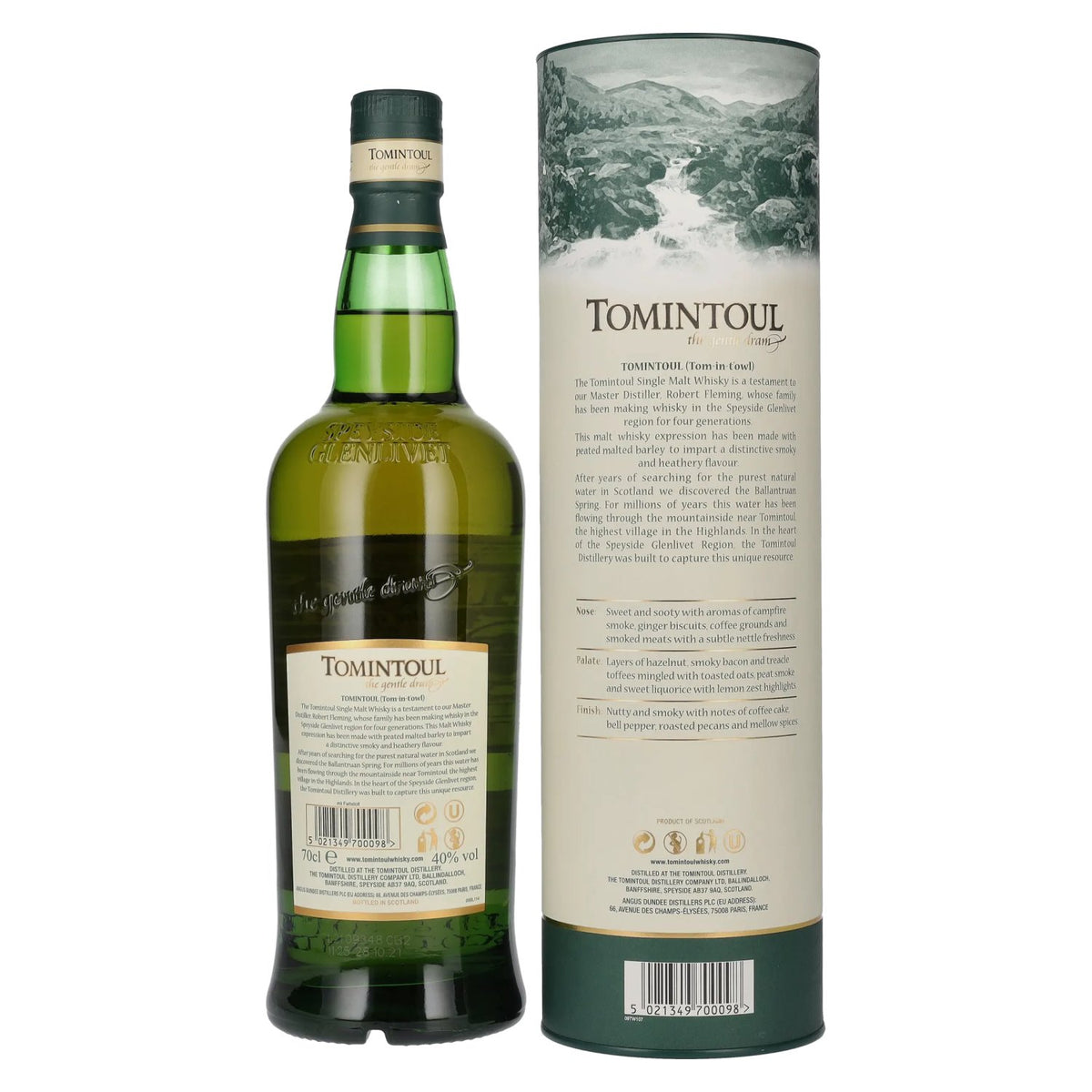Tomintoul Single Peated Malts WITH A PEATY TANG 40% vol. 0,7l en boîte cadeau