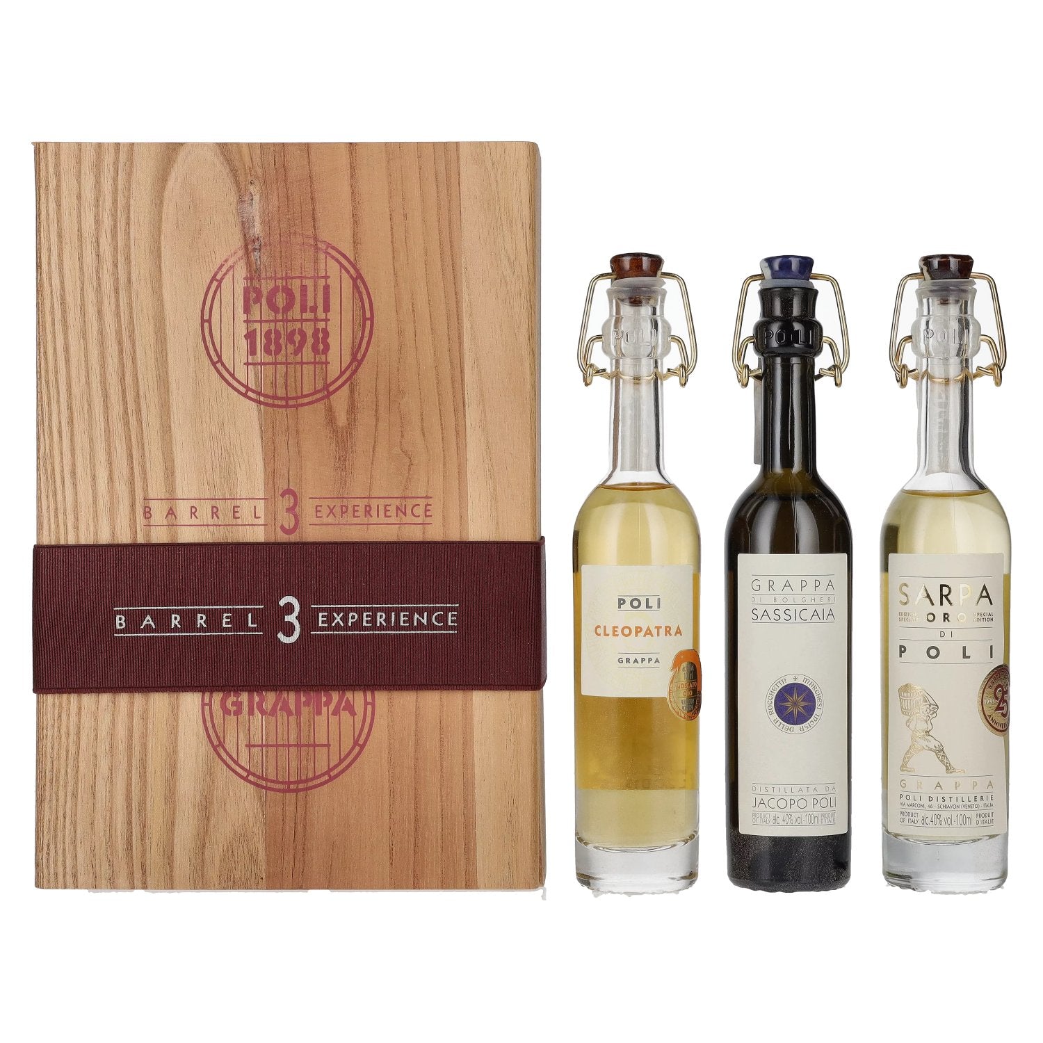 Poli Grappa Baby Pack ORO 40% vol. 3x0,1l dans une caisse en bois