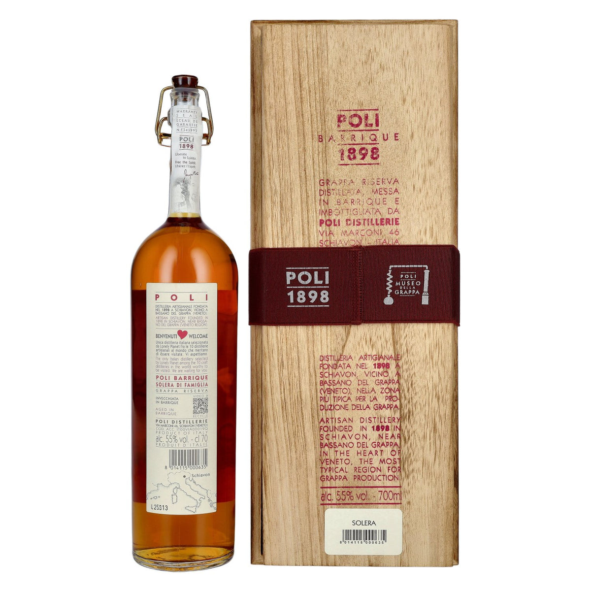 Poli Grappa Barrique 1898 Solera di Famiglia 55% vol. 0,7l en caisse bois