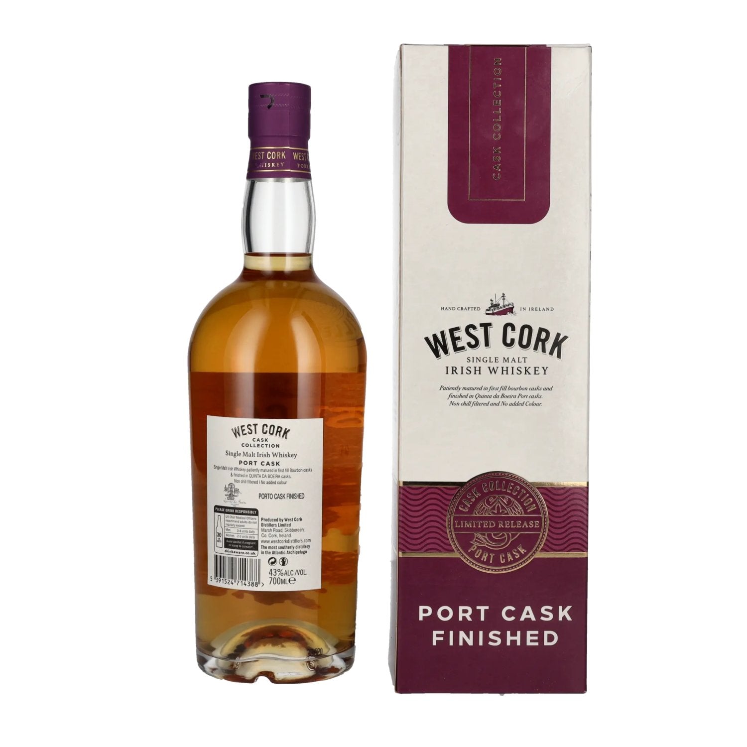 West Cork Single Malt Irish Whiskey PORT CASK FINISHED 43% Vol. 0,7l in Geschenkbox