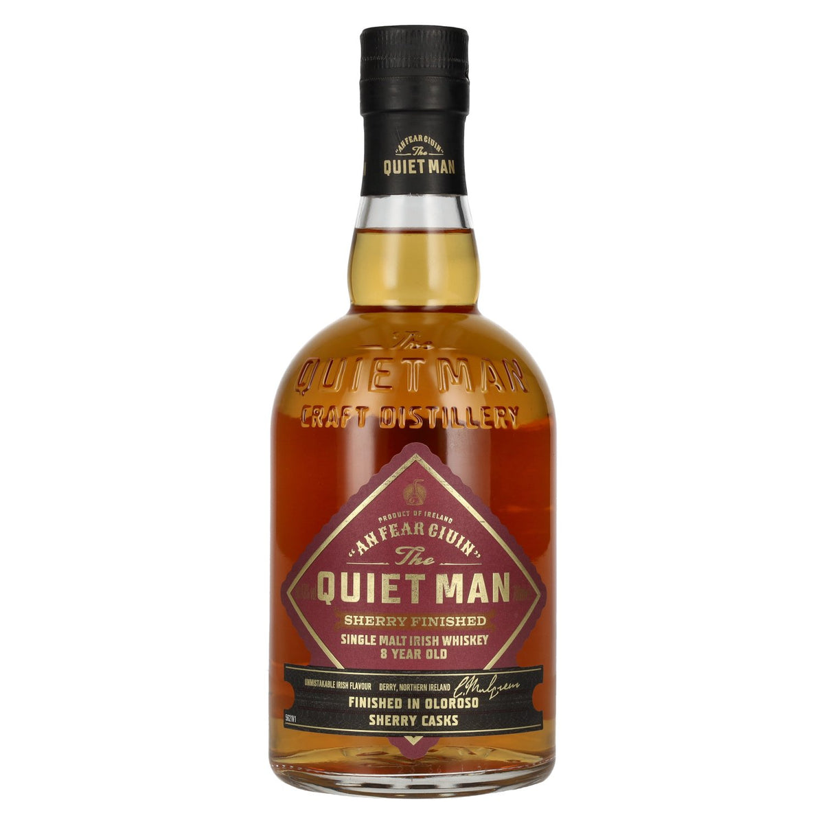 The Quiet Man Irish Whiskey AN FEAR CIUIN, whisky irlandais single malt de 8 ans d'âge, vieilli en fûts de sherry, 43 % vol., 0,7 l