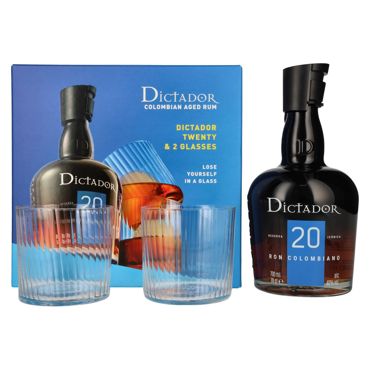Dictador 20 Years Old ICON RESERVE Rhum colombien 40% vol. 0,7l en boîte cadeau avec 2 verres