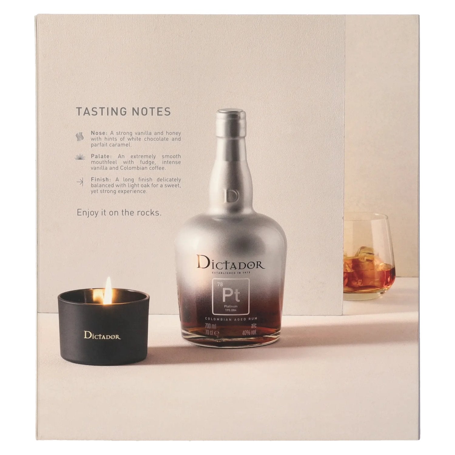 Dictador PLATINUM Colombian Aged Rum 40% Vol. 0,7l in Geschenkbox mit Kerze
