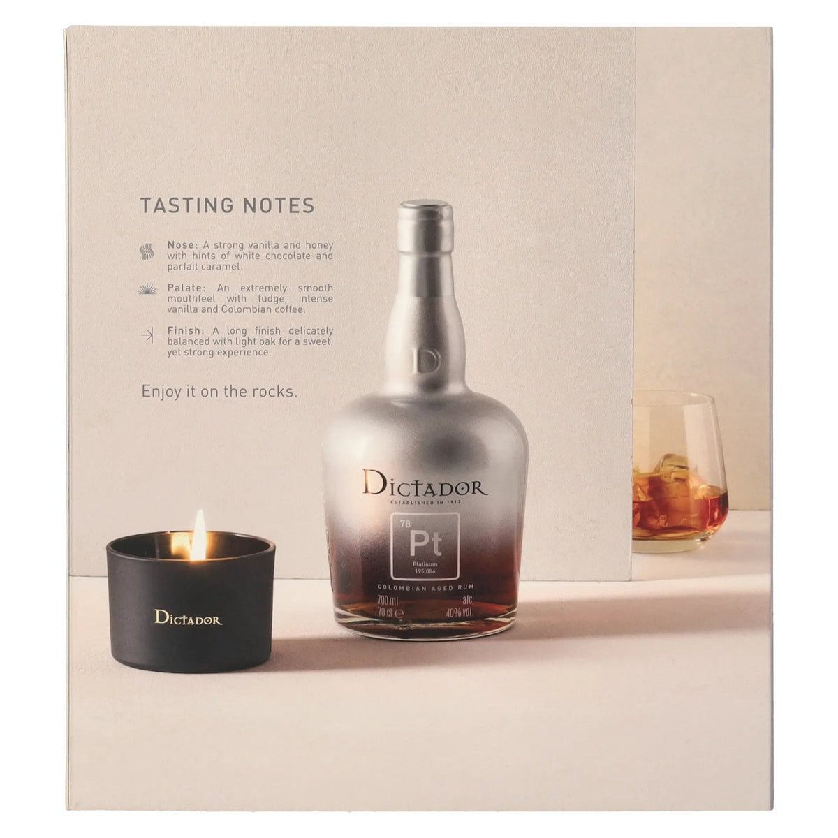 Dictador PLATINUM Colombian Aged Rum 40% Vol. 0,7l in gift box with candle