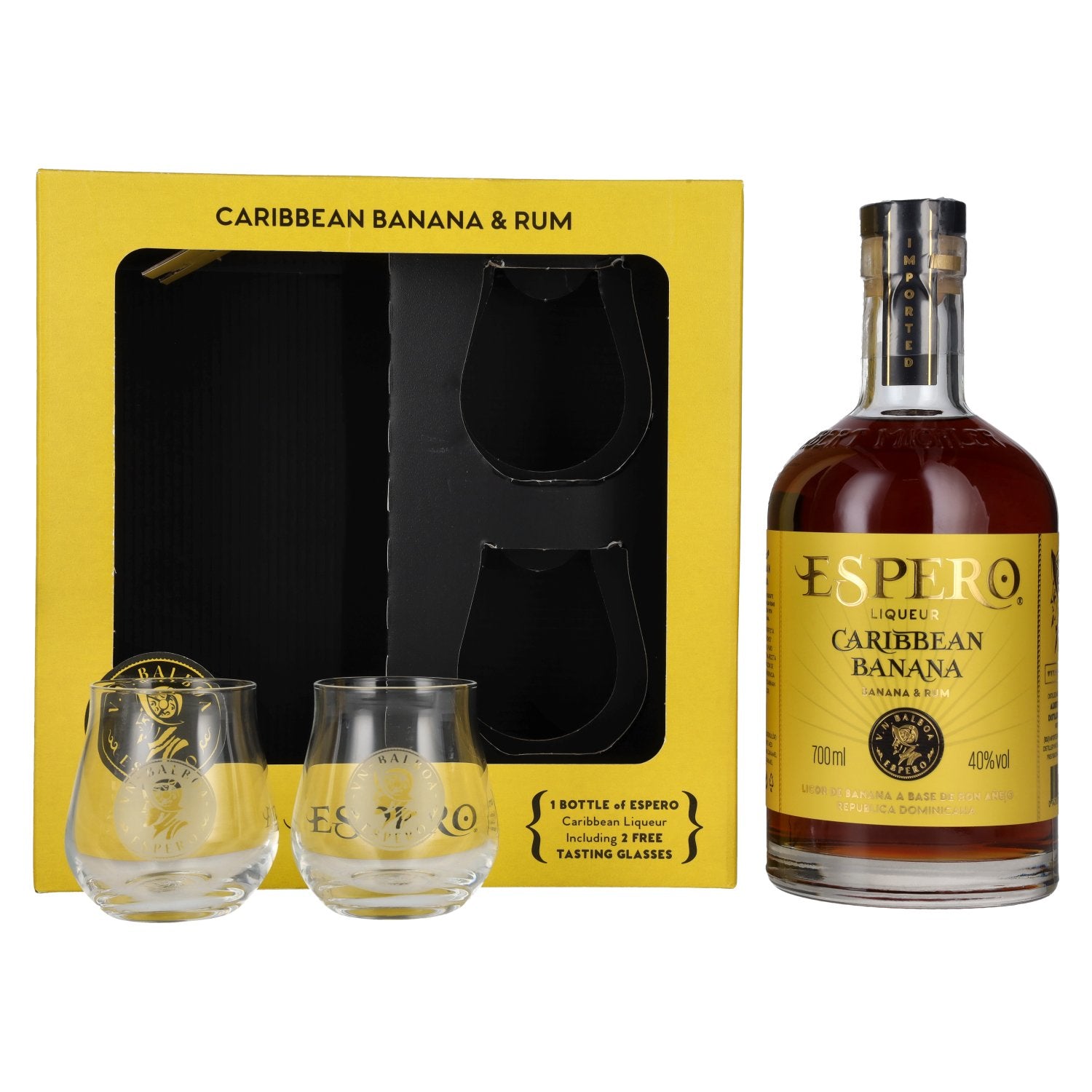 Ron Espero Caribbean Banana Rum Liqueur 40% ABV, 0.7l, in a gift box with 2 glasses
