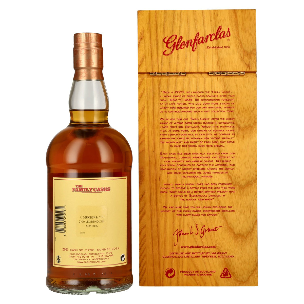 Glenfarclas THE FAMILY CASKS Single Cask SUMMER 2024 Refill Hogshead #3762 2001 54,7% Vol. 0,7l in wooden box