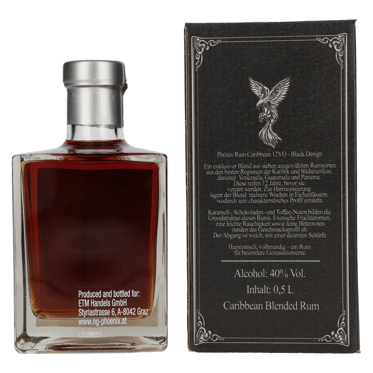 Phönix 12 Years Old Blended Caribbean Rum Black Design 40% Vol. 0,5l in Geschenkbox