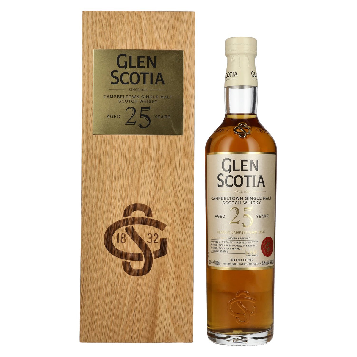 Glen Scotia 25 Years Old Single Malt Scotch Whisky 48,8% Vol. 0,7l dans une caisse en bois