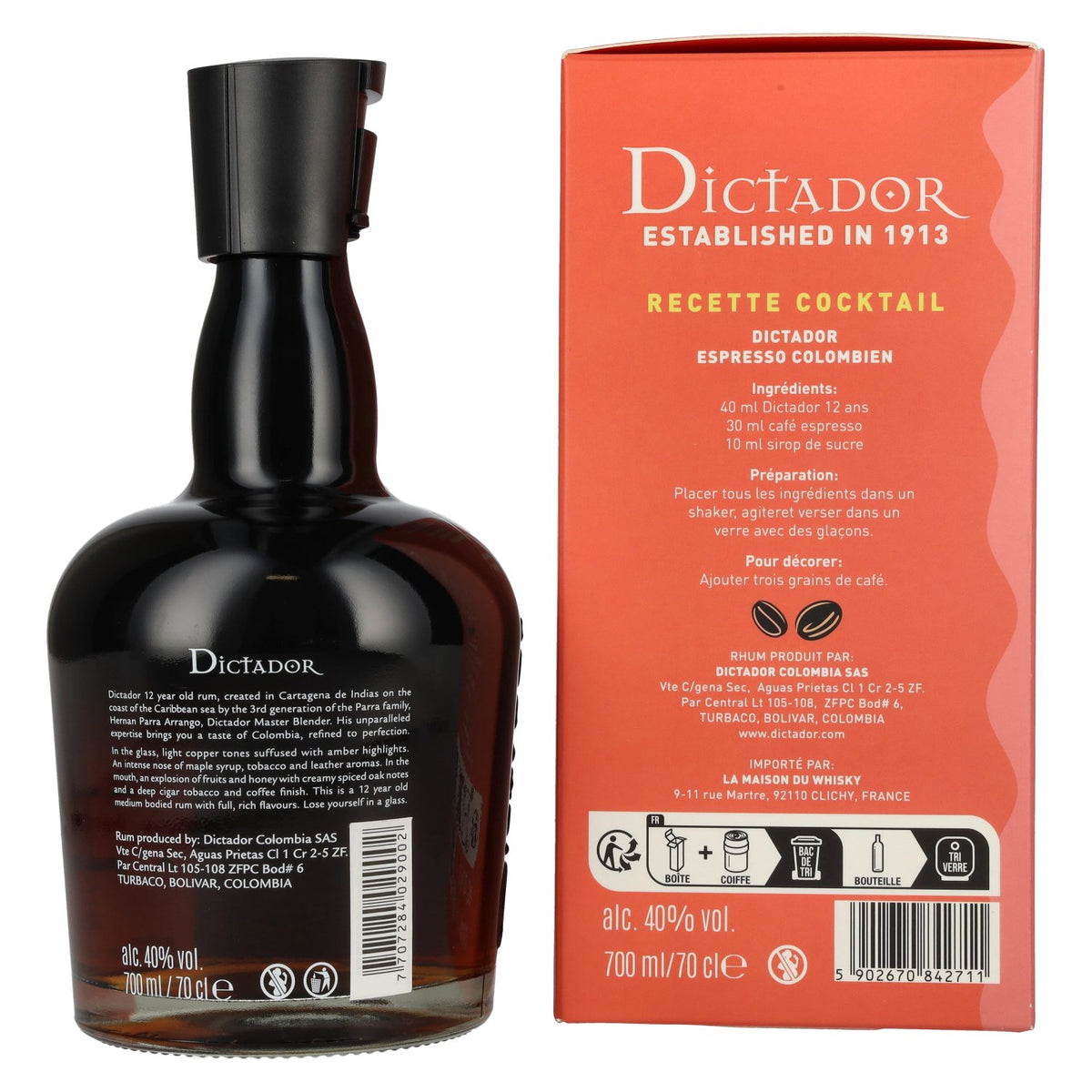 Dictador 12 Years Old ICON RESERVE Rhum colombien 40% vol. 0,7l en boîte cadeau avec 2 verres
