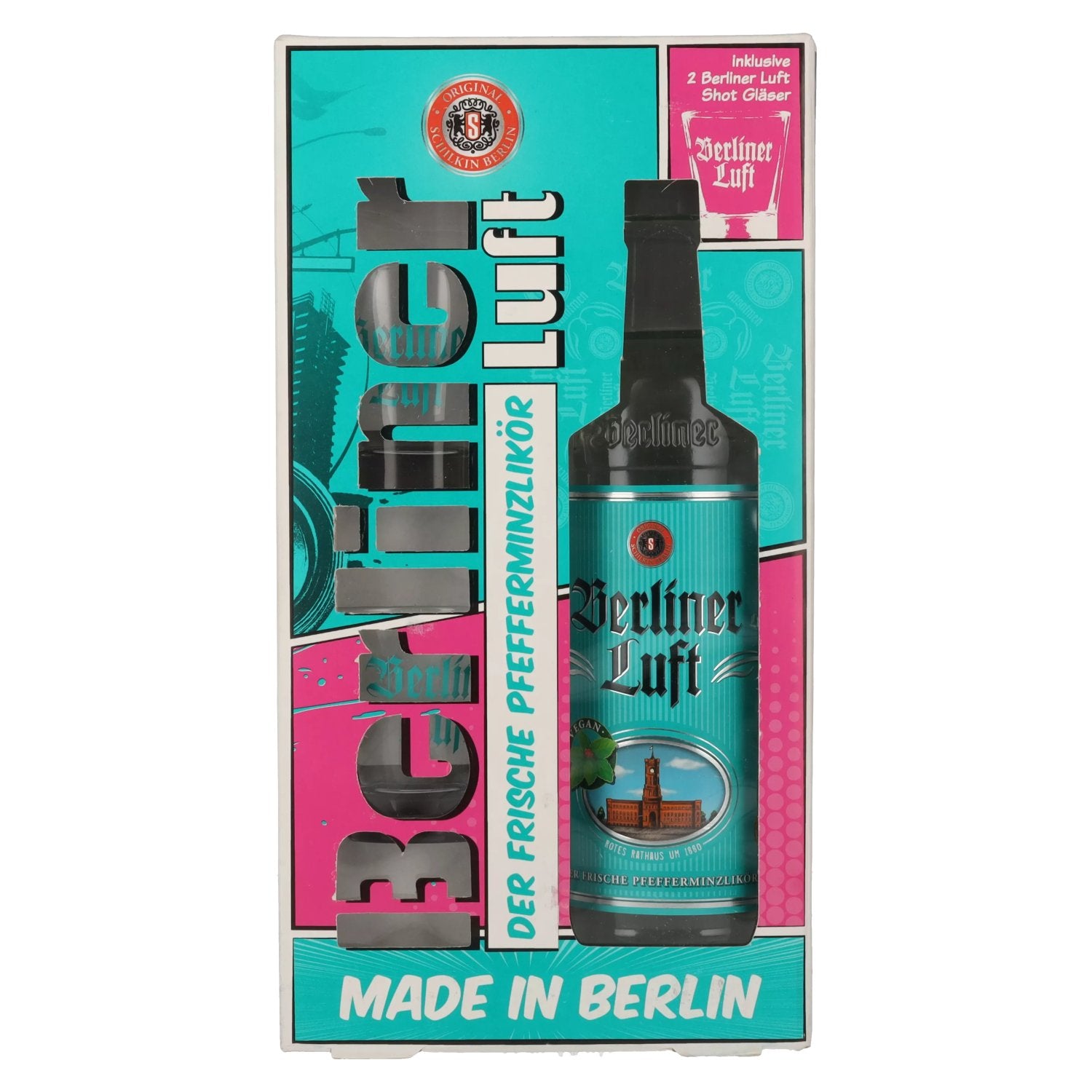 Berliner Luft DER FRISCHE peppermint liqueur 18% vol. 0.7l in gift box with 2 glasses