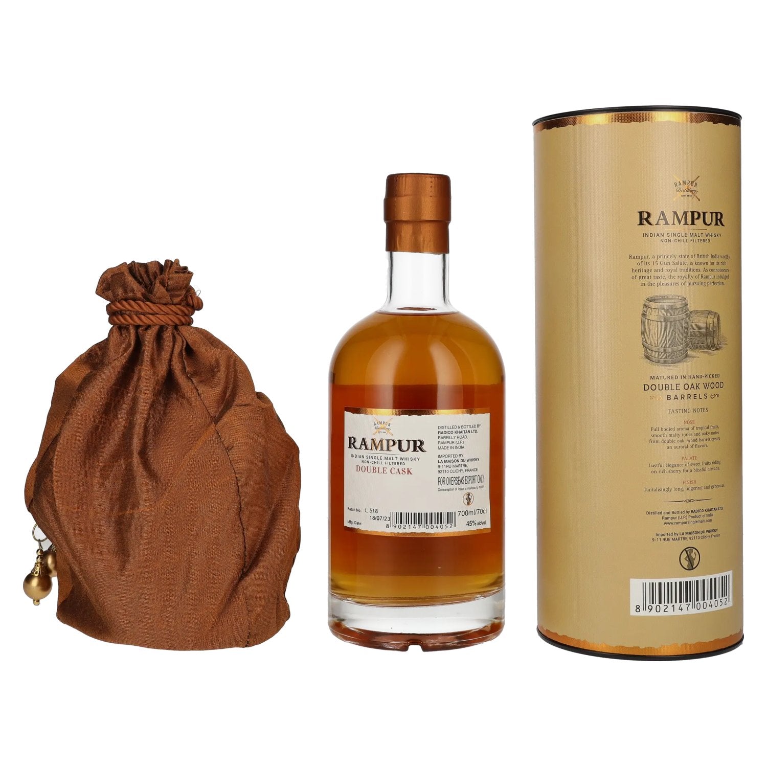 Rampur DOUBLE CASK Indian Single Malt Whisky 45% Vol. 0,7l in gift box with bag