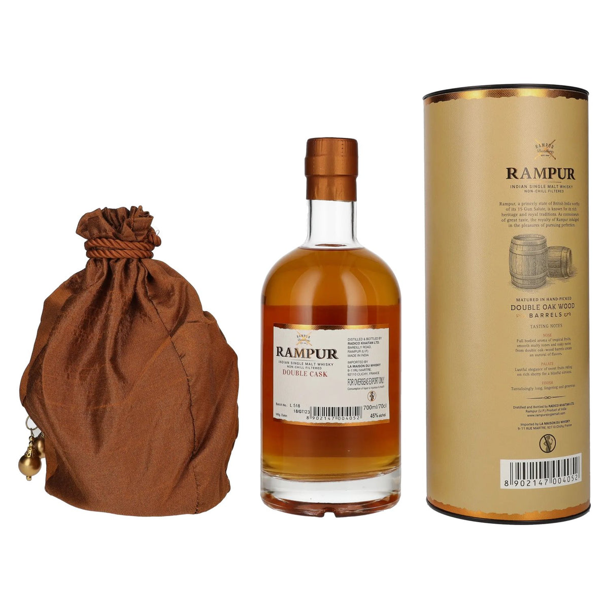 Rampur DOUBLE CASK Indian Single Malt Whisky 45% Vol. 0,7l in gift box with bag
