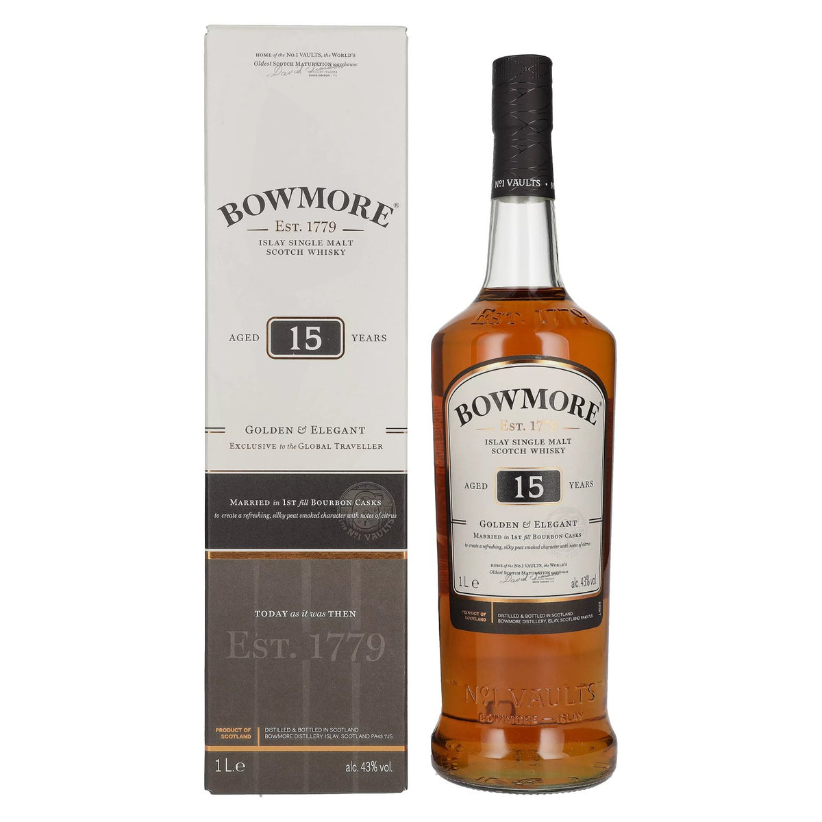 Bowmore 15 Years Old GOLDEN &amp; ELEGANT Travel Exclusive 43% Vol. 1l en boîte cadeau