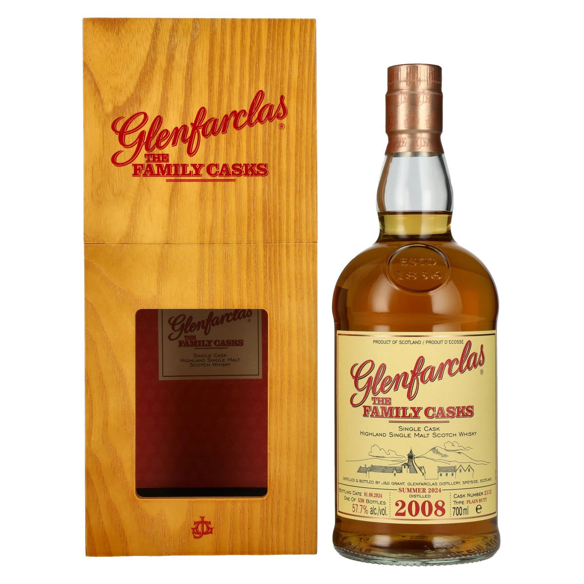 Glenfarclas THE FAMILY CASKS Single Cask SUMMER 2024 Plain Butt #2112 2008 57,7% Vol. 0,7l in wooden box
