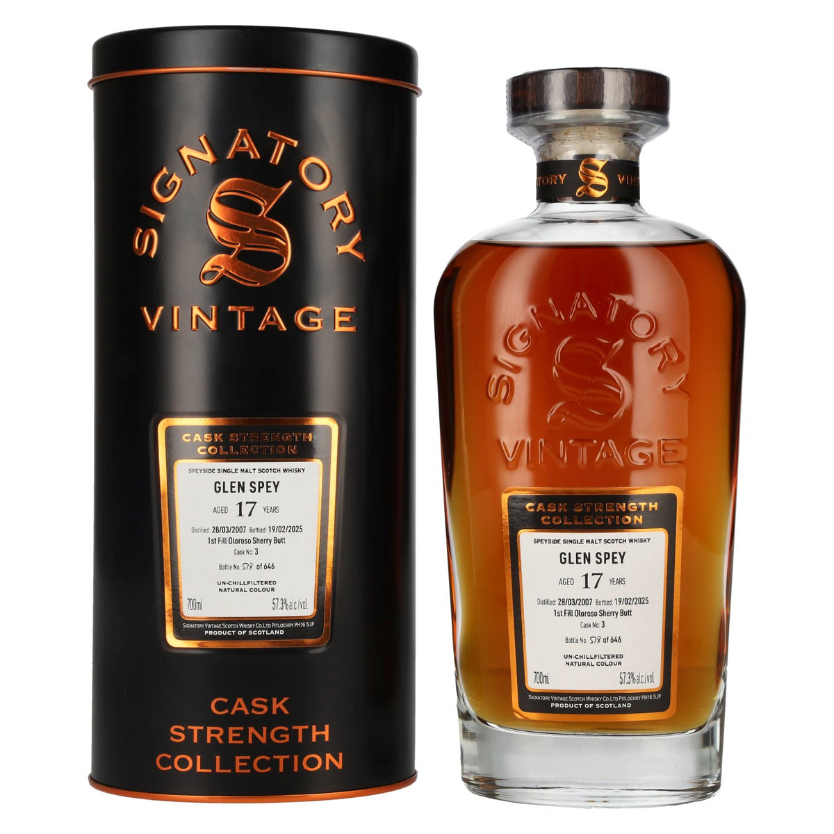 Signatory Vintage GLEN SPEY 17 Years Old 1st Fill Oloroso Cask Strength #3 2007 57,3% Vol. 0,7l en Tinbox