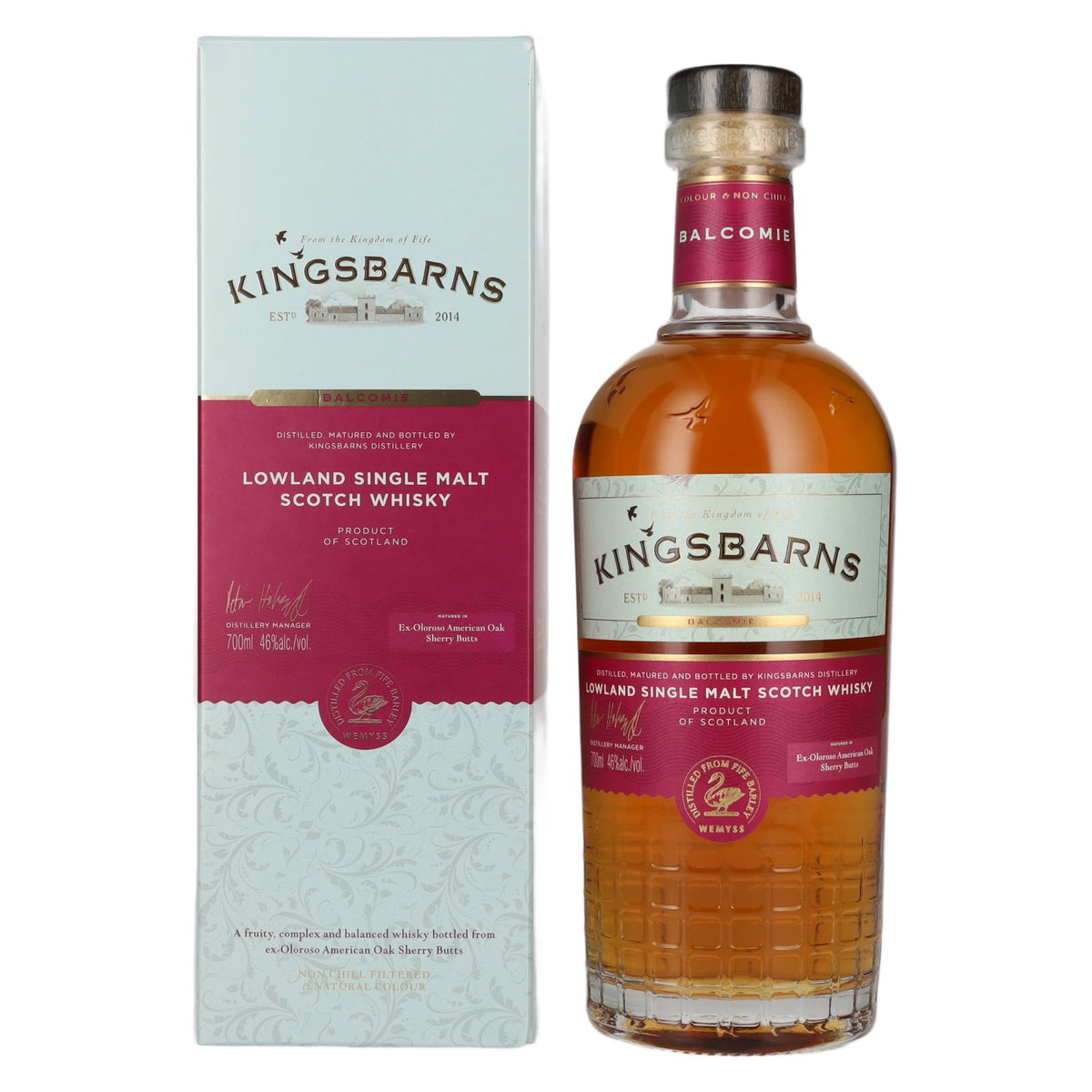 Whisky écossais single malt Kingsbarns BALCOMIE des Lowlands, 46 % vol., 0,7 l, dans un coffret cadeau