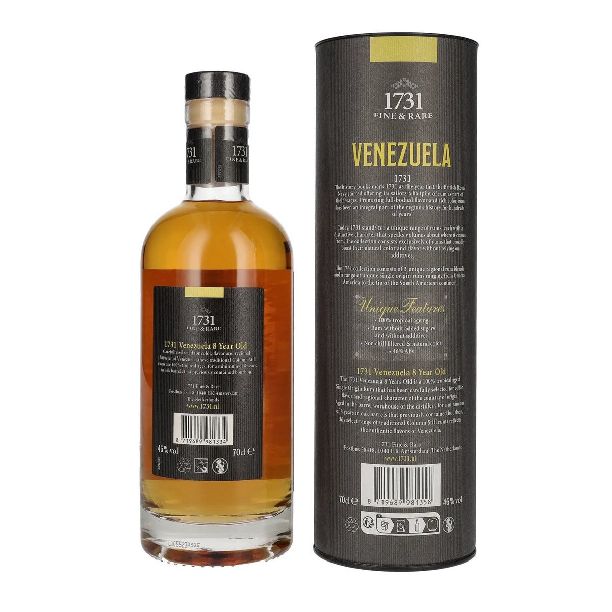 1731 Fine & Rare VENEZUELA 8 Years Old Single Origin Rum 46% Vol. 0,7l in Geschenkbox