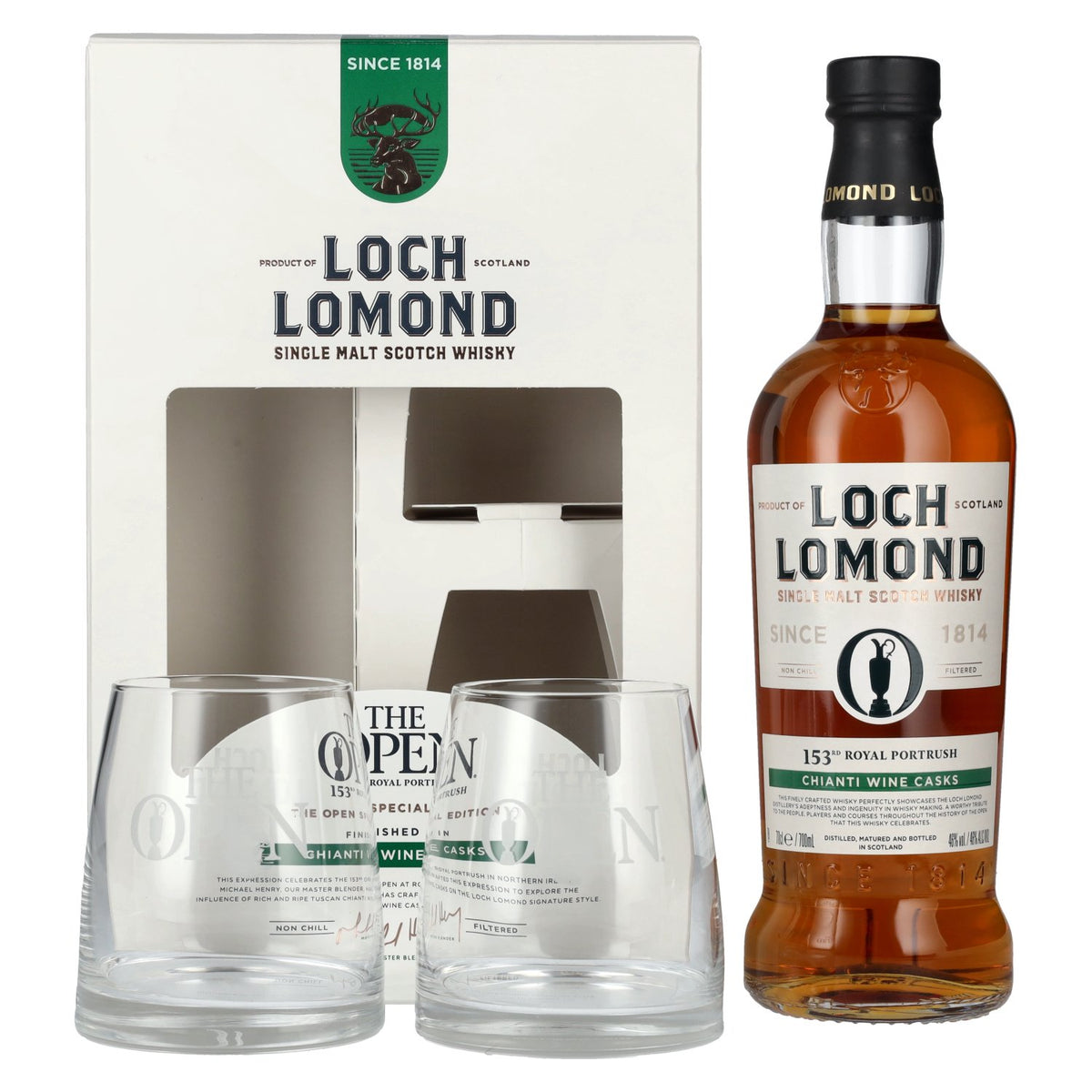 Loch Lomond THE OPEN SPECIAL EDITION 153th Royal Portrush Chianti Wine 2025 46% Vol. 0,7l en coffret cadeau avec 2 verres