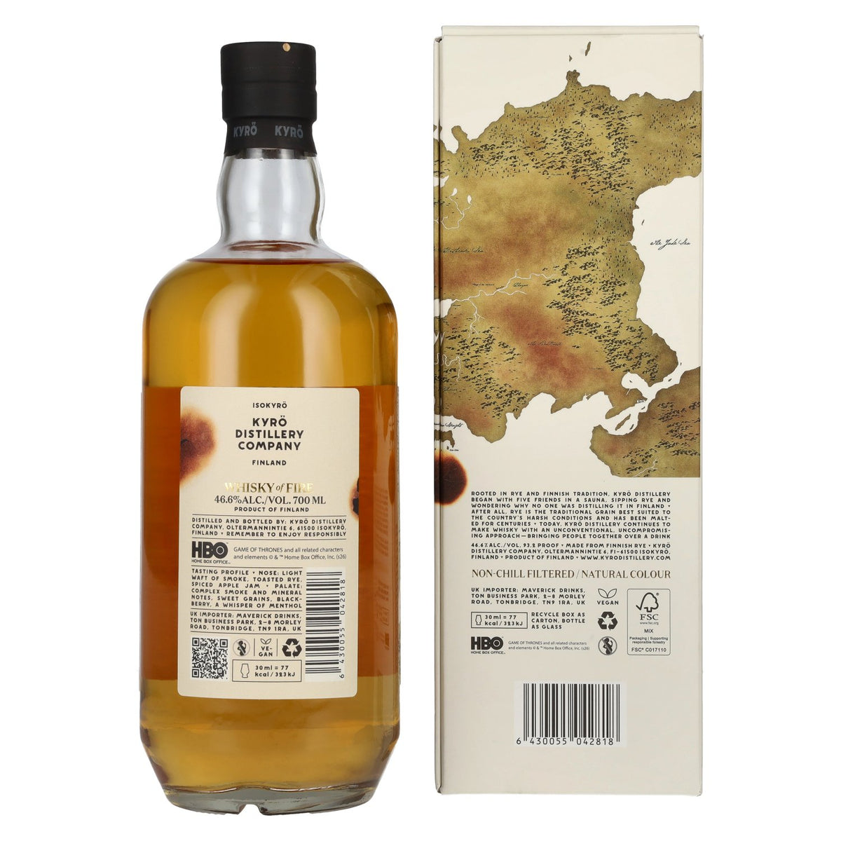 KYRÖ GAME OF THRONES Whisky of FIRE 100% Smoked Malted Rye 46,6% Vol. 0,7l in Geschenkbox