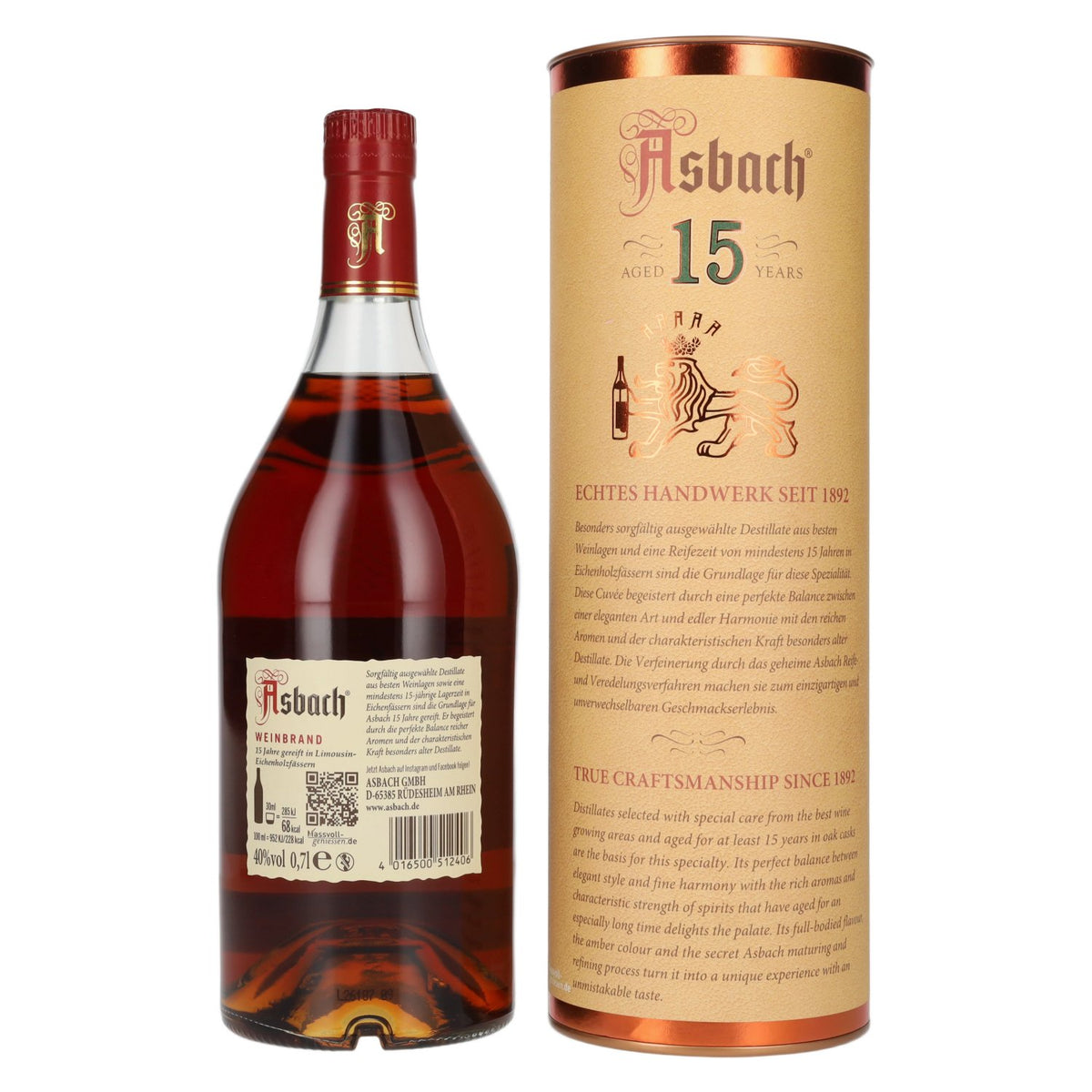 Asbach « L'Original », vieilli 15 ans, 40 % vol., 0,7 l, dans un coffret cadeau