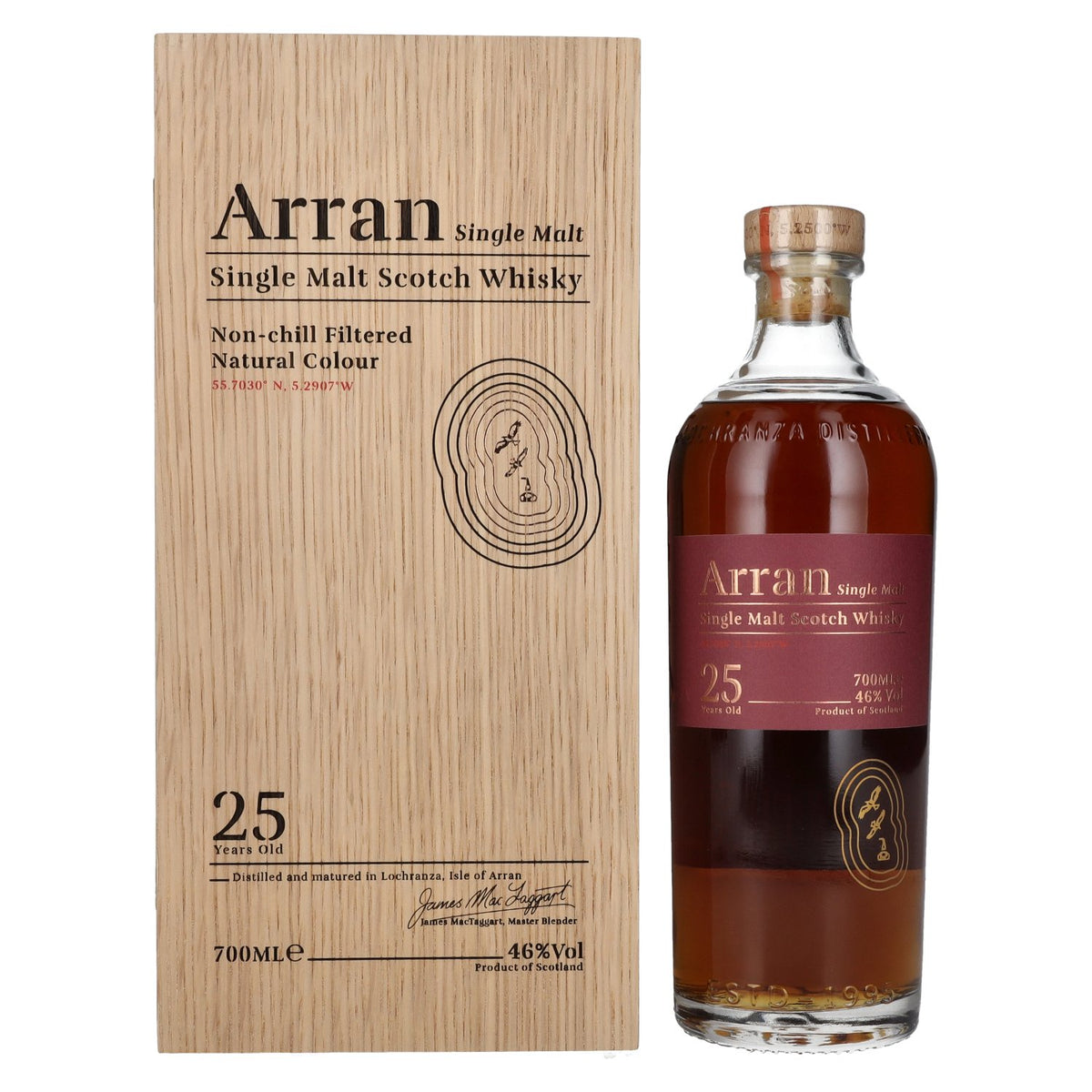Arran 25 Years Old Single Malt Scotch Whisky 46% Vol. 0,7l dans une caisse en bois