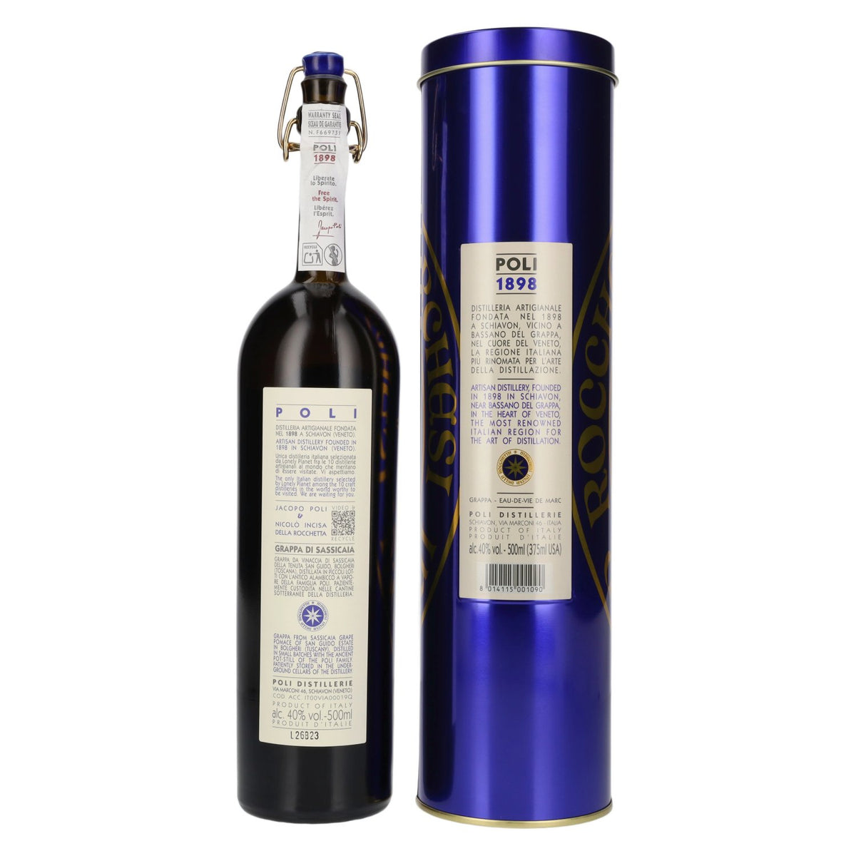 Grappa di Bolgheri Sassicaia Poli 2020 40% ABV 0.5l in a tin box
