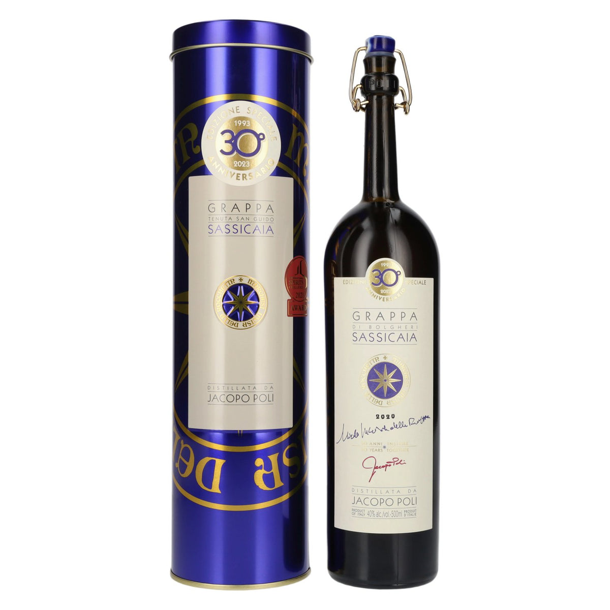 Grappa di Bolgheri Sassicaia Poli 2020 40% ABV 0.5l in a tin box