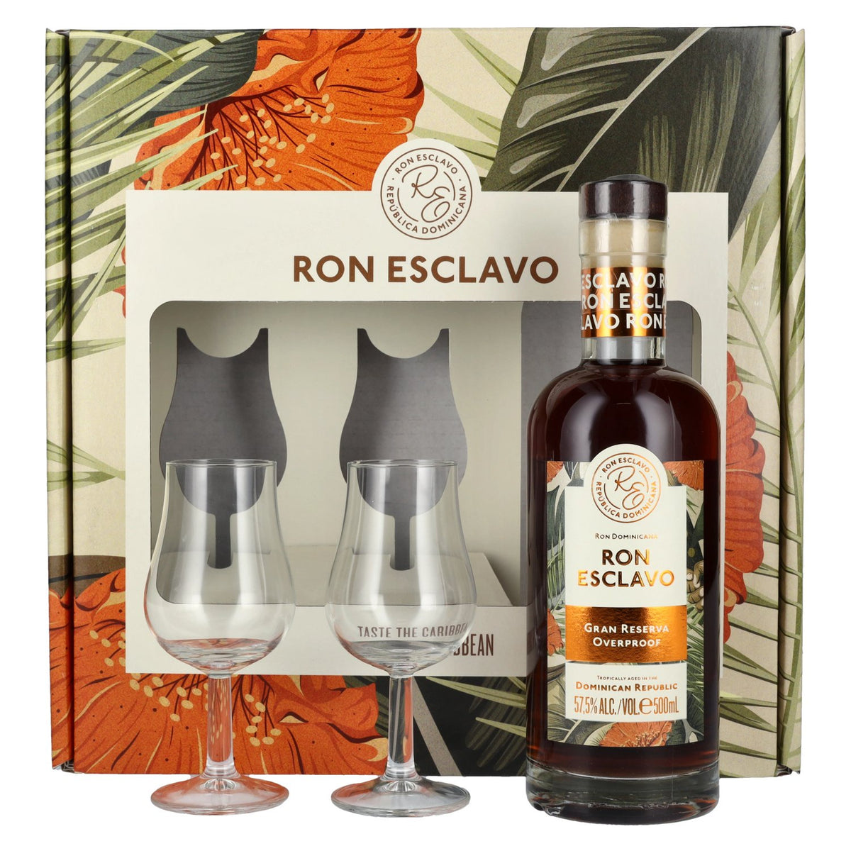 Ron Esclavo GRAN RESERVA OVERPROOF Ron Dominicana 57,5% Vol. 0,5l in Geschenkbox mit 2 Gläsern