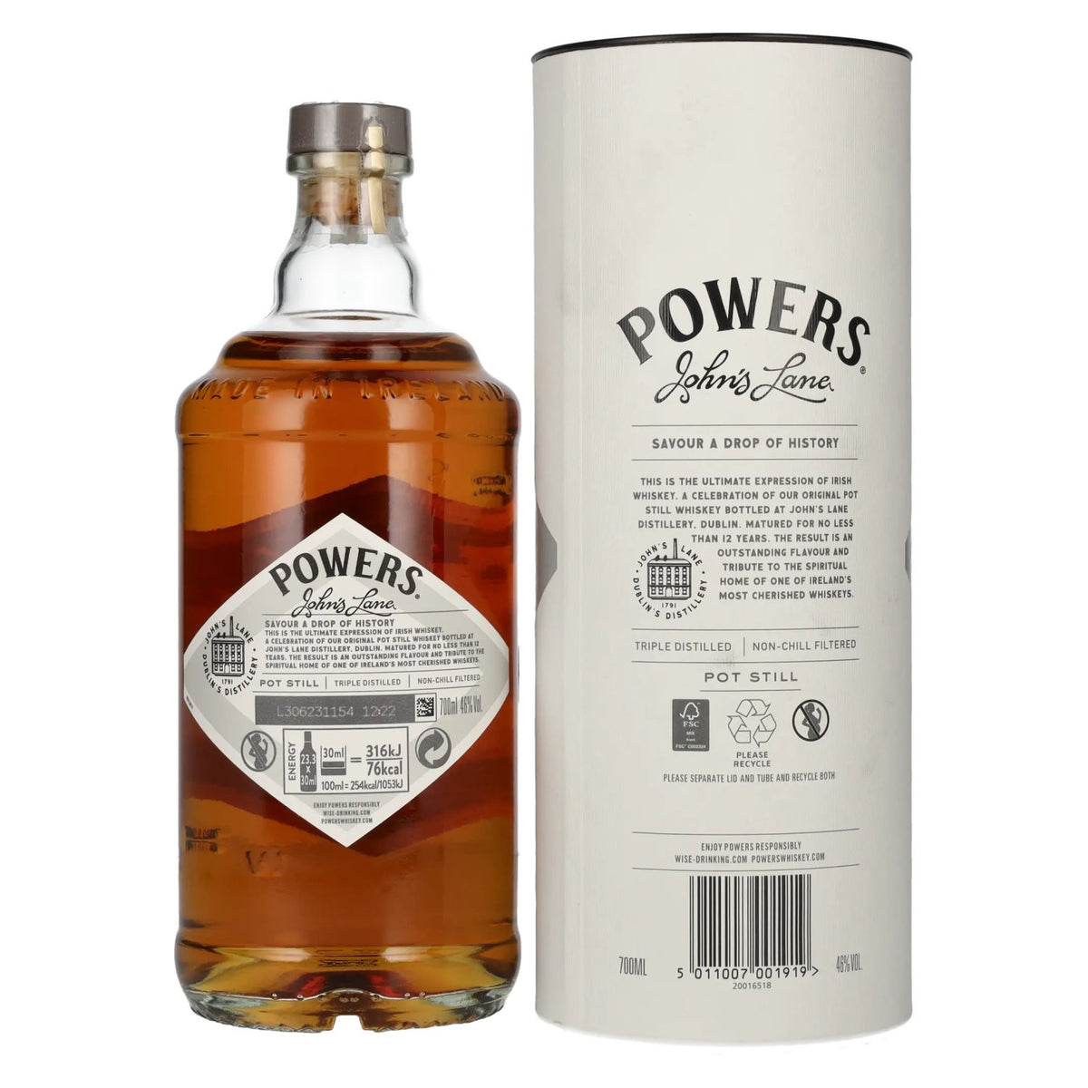 Powers 12 Years Old JOHN'S LANE Single Pot Still Irish Whiskey 46% Vol. 0,7l en boîte cadeau