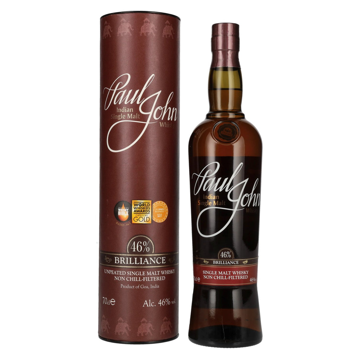 Paul John BRILLIANCE Indian Single Malt Whisky 46% ABV, 0.7 litres, in a gift box