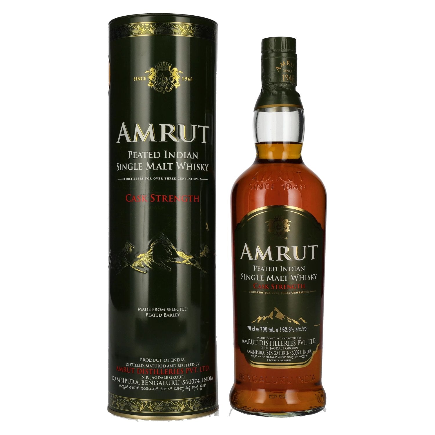 Amrut PEATED Indian Single Malt Whisky CASK STRENGTH 62,8% Vol. 0,7l en Tinbox