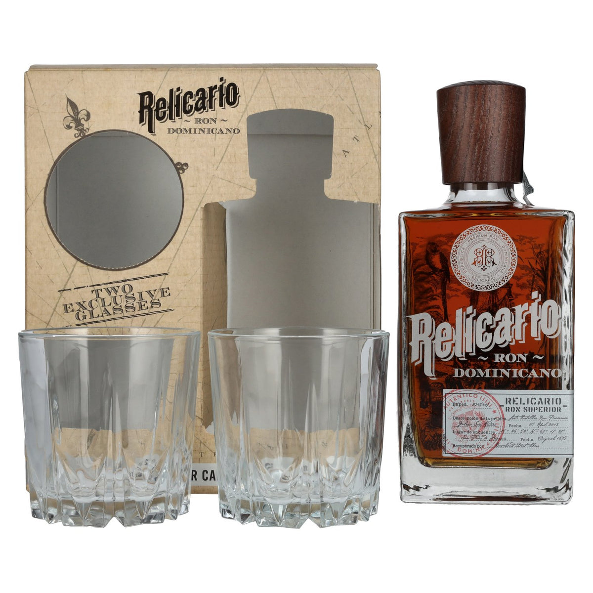 Relicario Ron Dominicano Superior 40% vol. 0,7l en boîte cadeau avec 2 verres