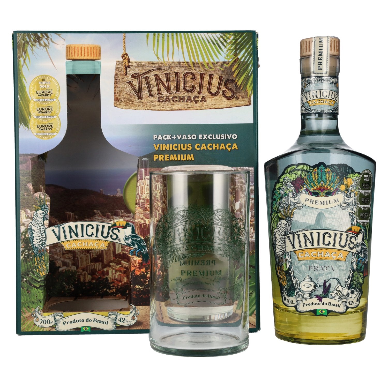 Vinicius Premium Cachaça Prata 42% vol. 0.7l in a gift box with a glass