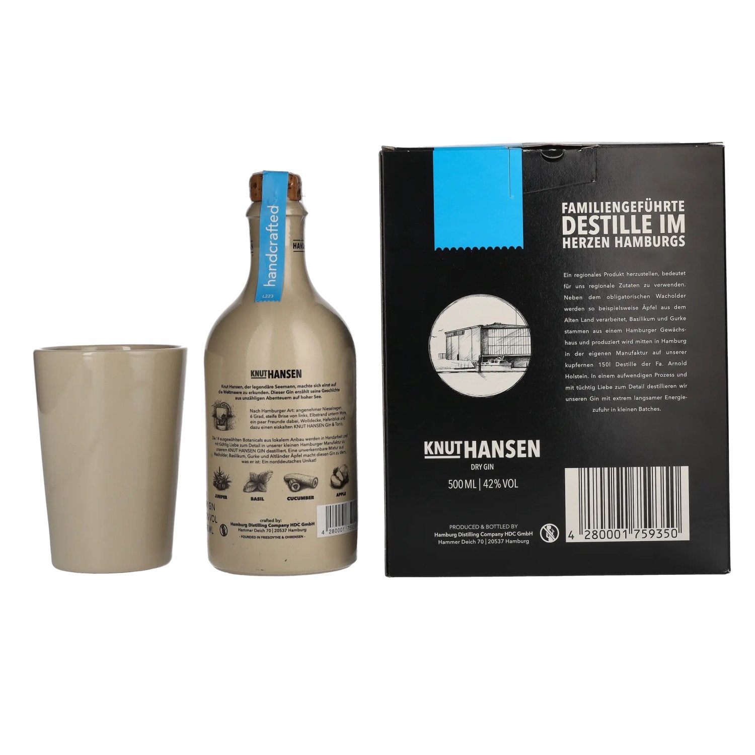 Knut Hansen Dry Gin 42% vol. 0,5l en boîte cadeau avec tasse en céramique