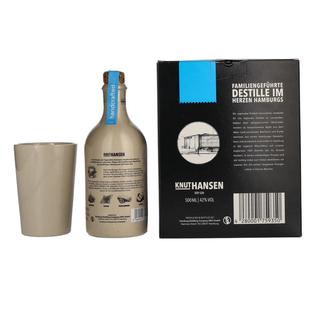 Knut Hansen Dry Gin 42% Vol. 0,5l in Geschenkbox mit Keramiktasse