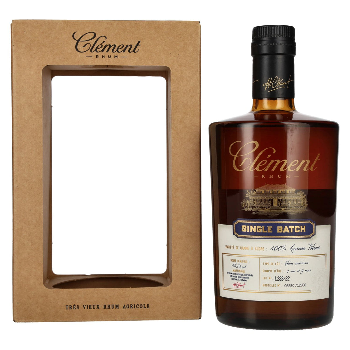 Clément Trés Vieux Rhum Agricole SINGLE BATCH 100% Canne Bleue 46,5% Vol. 0,5l in Geschenkbox